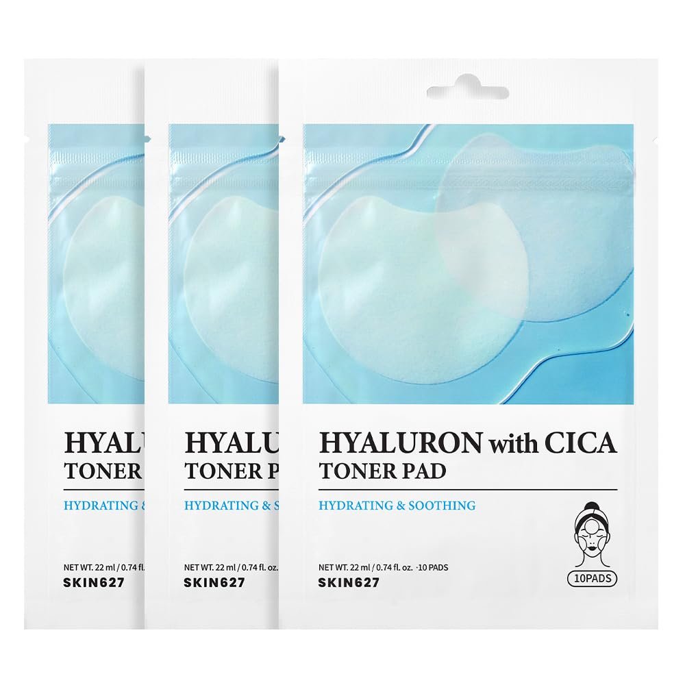 Hyaluron with Cica Toner Pad | Korean Facial Sheets with 6 Types of Hyaluronic Acid and Centella Asiatica | Deep Hydration and Soothing Care | 10 Pads x 3 Pack