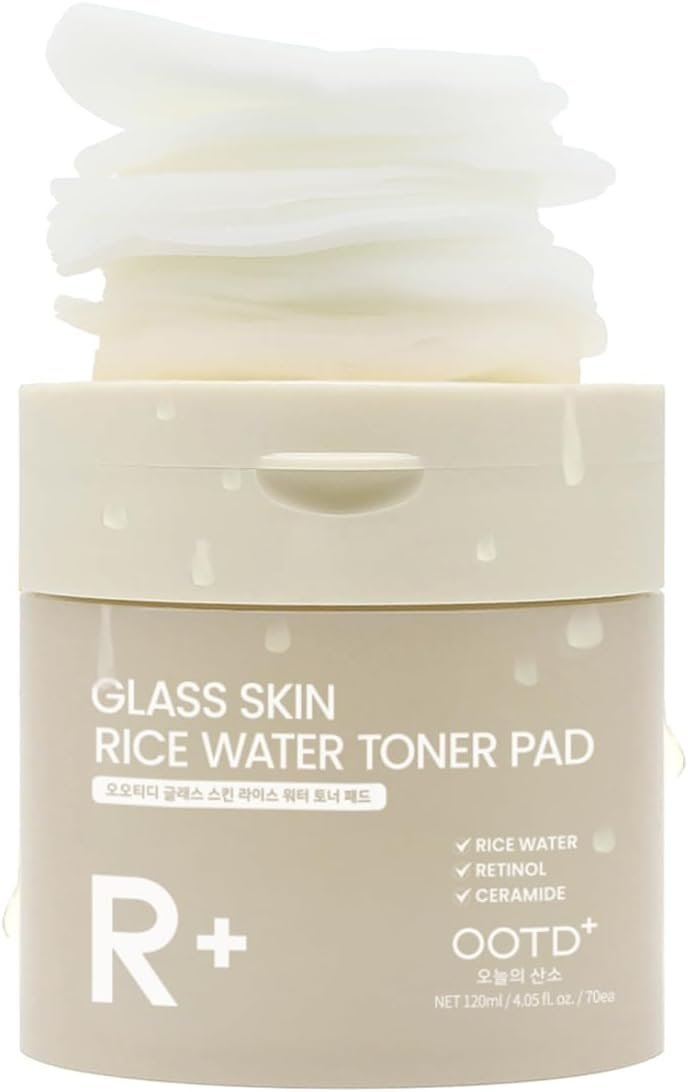 #OOTD Rice Water Toner Pads for Glass Skin,70 Pads | Korean Skincare | Rice water toner pads with Retinol & Ceramides; smooths texture, strengthens skin barrier & delivers a glass glow finish