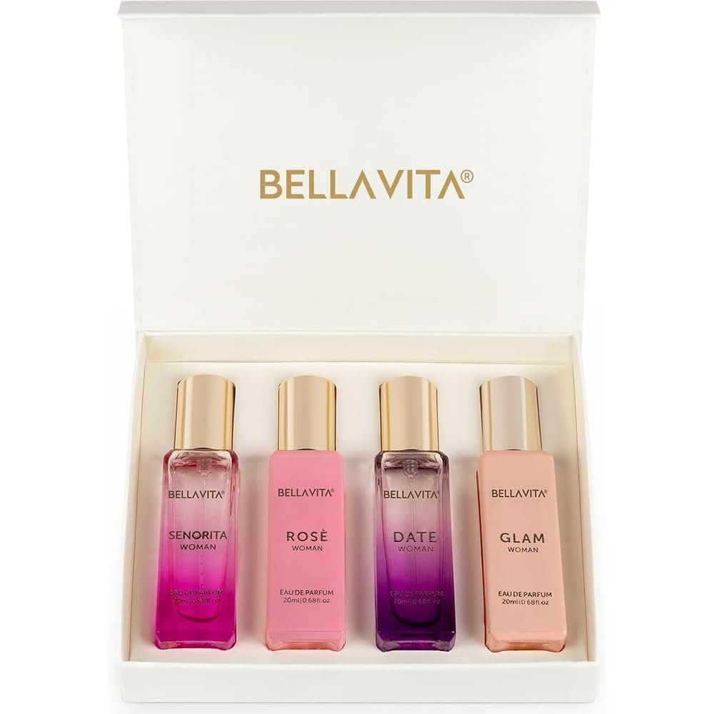 Bellavita Luxury Women’s Perfume Gift Set with Rose, Senorita, Date, Glam | Long-lasting women’s perfume gift set with Rose, Senorita, Date & Glam Eau de Parfum for every occasion.