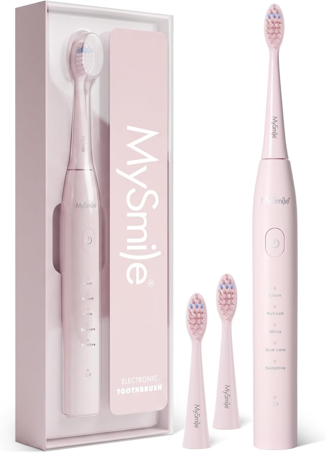 MySmile DY156 Electric Toothbrush for Adults, Rechargeable Sonic Battery Toothbrush Portable with 3 Brush Heads, 2 Mins 5 Modes Smart Timer, 45000VPM, One Charge for 60 Days – Pink