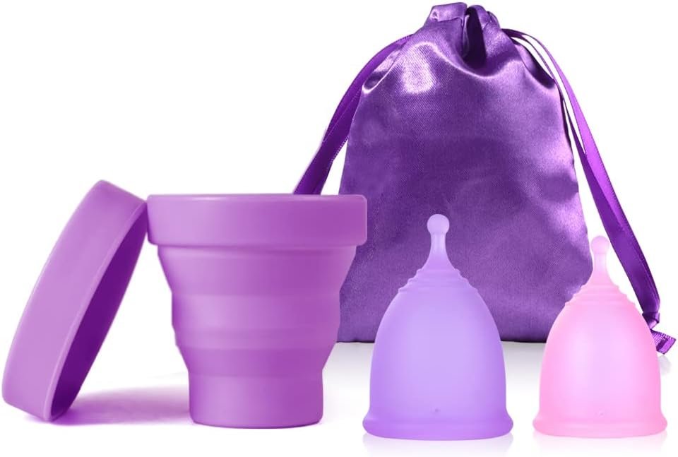 Menstrual Cups with Collapsible Storage Cup, Leak-Proof Design with Medical Grade Silicone Period Cups Reusable, Tampon and Pad Alternative,for Light Flow and Heavy Flow Large+Small