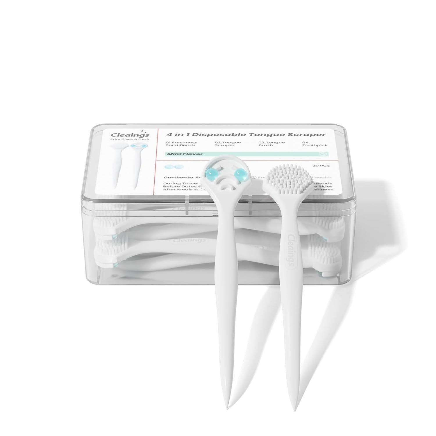 cleaings Disposable Tongue Scraper for Adults 20 Count, 4-in-1 Portable Pre-Pasted Tongue Cleaner Brush with Toothpick for Travel, On-the-Go Oral Care Helps Remove Bad Breath, Mint