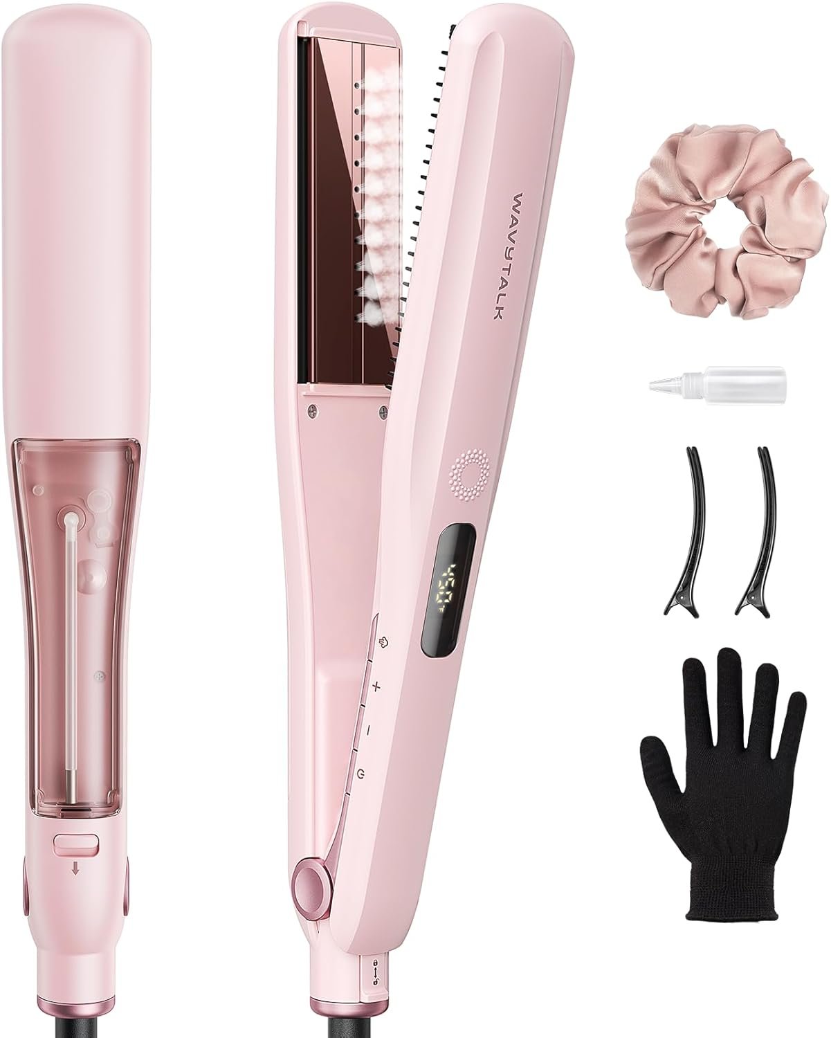 Wavytalk Steam Hair Straightener 1.38” with Detachable Comb for Silk Press | Steam Reduces Damage, Nourishes Hair & Expedites Straightening, Anti-humidity, Frizz Control, Nano Titanium Flat Iron, Pink