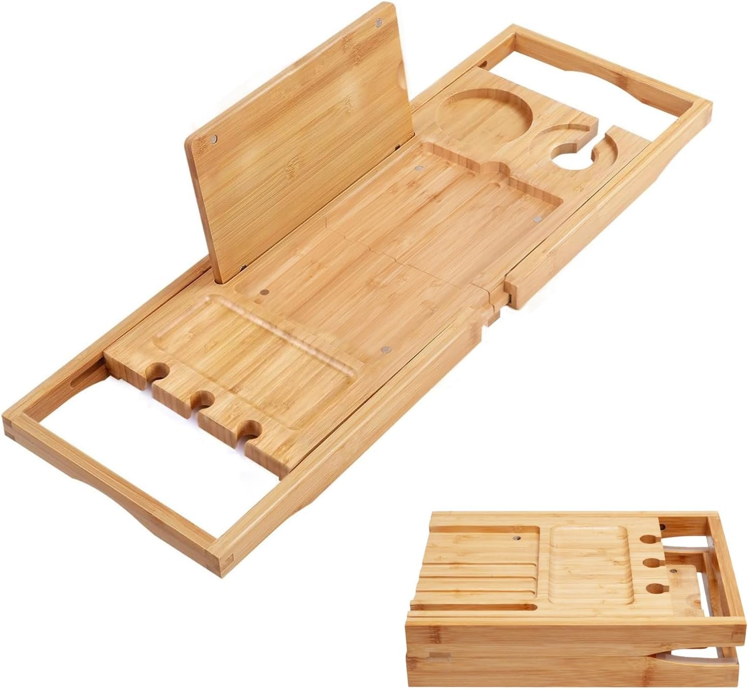 Utoplike Bamboo Bathtub Caddy Tray for Tub, Expandable Bath Table Trays | Adjustable, Bathroom Organizer with Book Tablet Stand, Wine Glass Cup, Towel Holder (24.5″-37.4″)