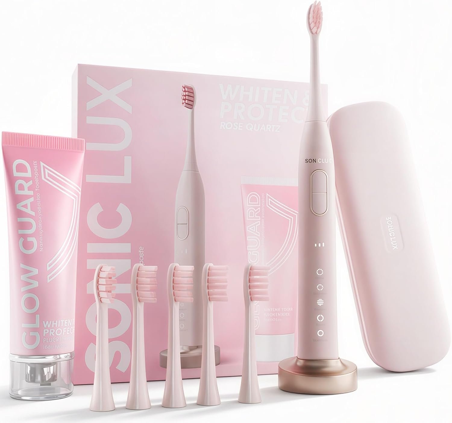 Sonic Lux™ Pink Electric Toothbrush for Adults – Luxury Rechargeable Sonic Electric Toothbrush with Travel Case with GlowGuard Nano-Hydroxyapatite Whitening Toothpaste & 6 Brush Heads