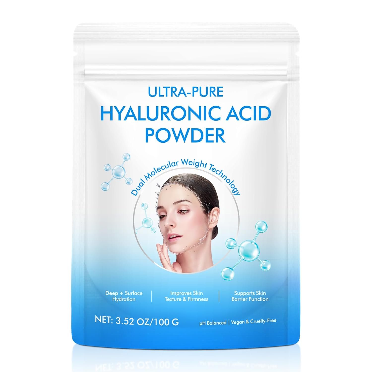 Pure Hyaluronic Acid Powder for Face & Joints, Dual Molecular Weight for Deep Hydration, Anti-Aging, DIY Serum Ingredient, Fragrance-Free, Vegan, 1 Scoop = 1 Bottle of Essence, 3.52 Oz