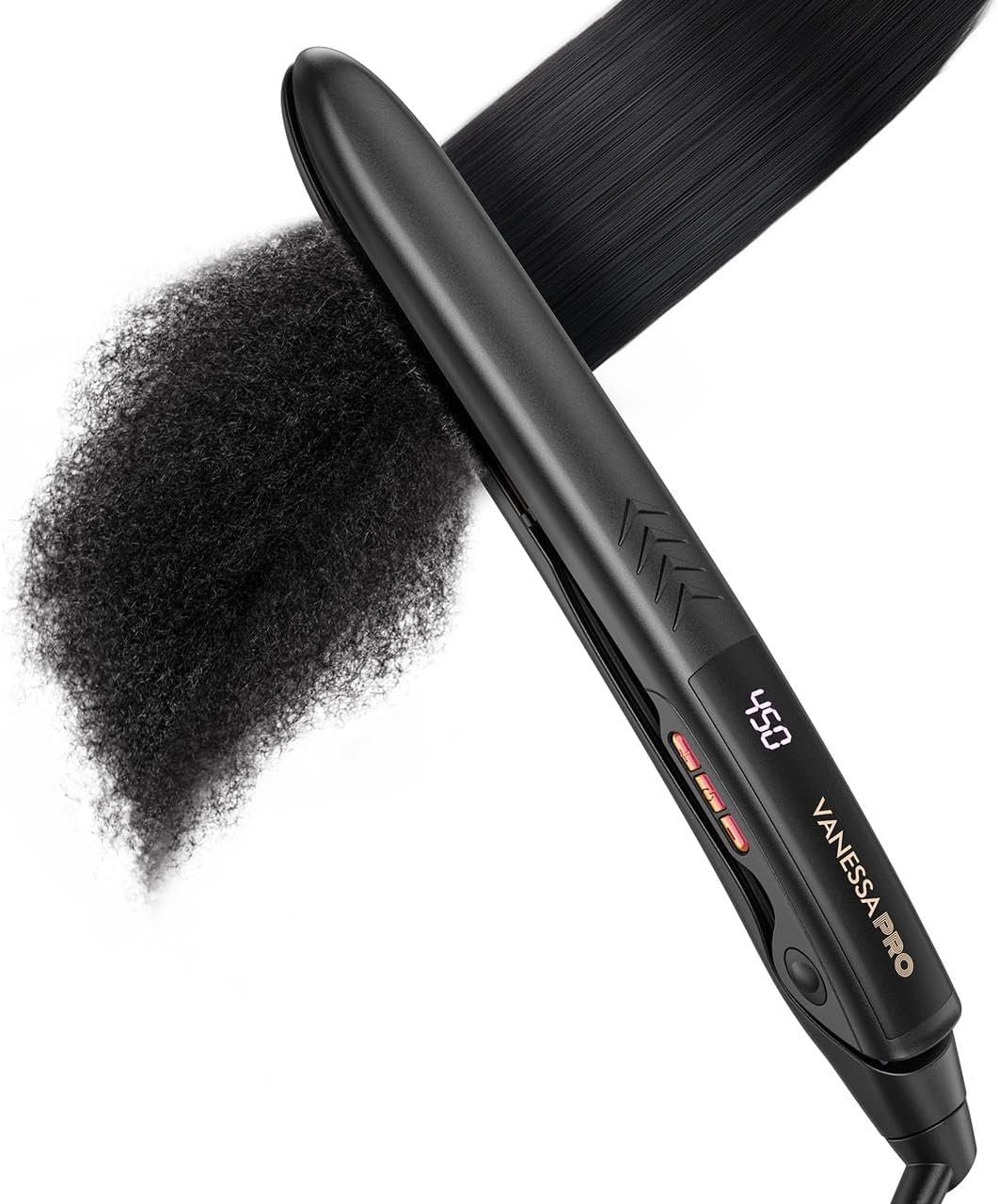 VANESSA PRO Flat Iron Hair Straightener, 100% Pure Titanium Flat Iron for One Pass to Achieve a Sleek Look, Curls Beautifully & Straightens Well – 1 inch | Titanium Plates Infused with Argan Oil & Keratin for One Pass Styling, Straighten & Curl with One Tool, Easier Daily Routine