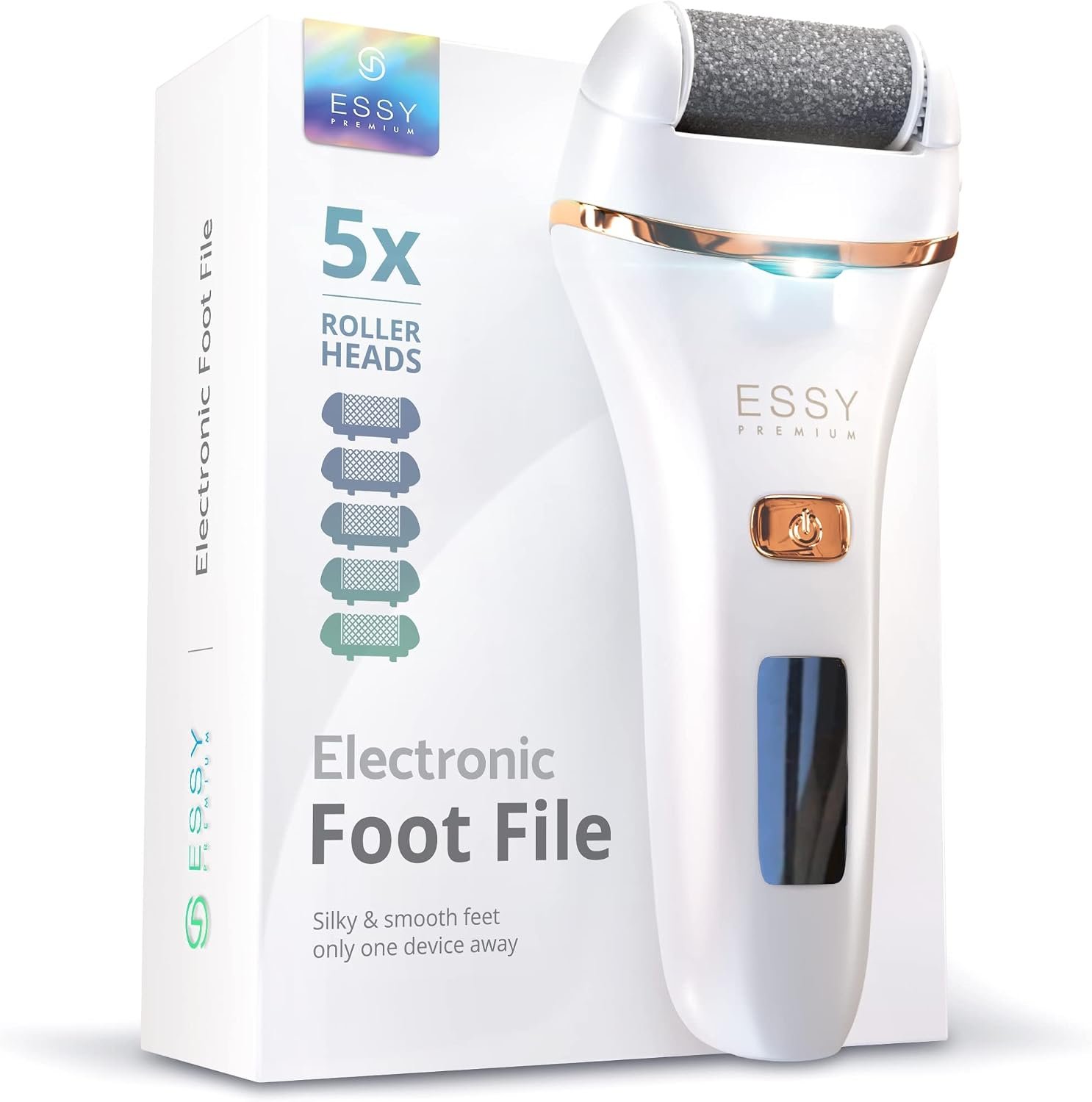 Essy Electric Foot File Rechargeable with 5 Replacement Rollers (White) | For Women’s, Men’s Smooth Feet, Waterproof, USB Charging, Pressure-Lock Safety