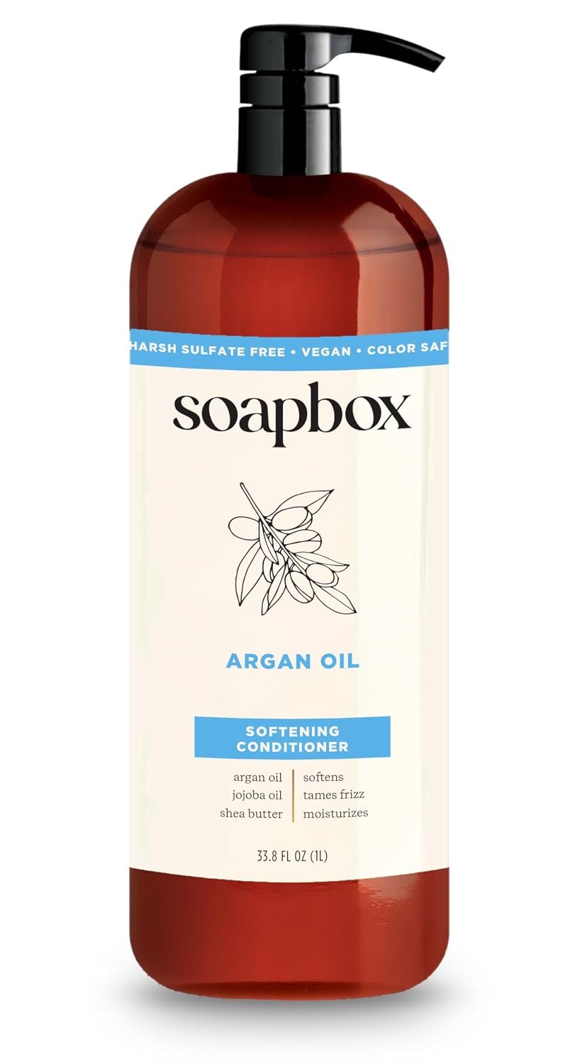 Soapbox Argan Oil & Vanilla Conditioner, Controls Frizz & Moisturizes – Clean Ingredients Free of Harsh Chemicals, Sulfates, Parabens & Silicones – Smoothing Conditioner for Frizzy Hair, 33.8oz Liter