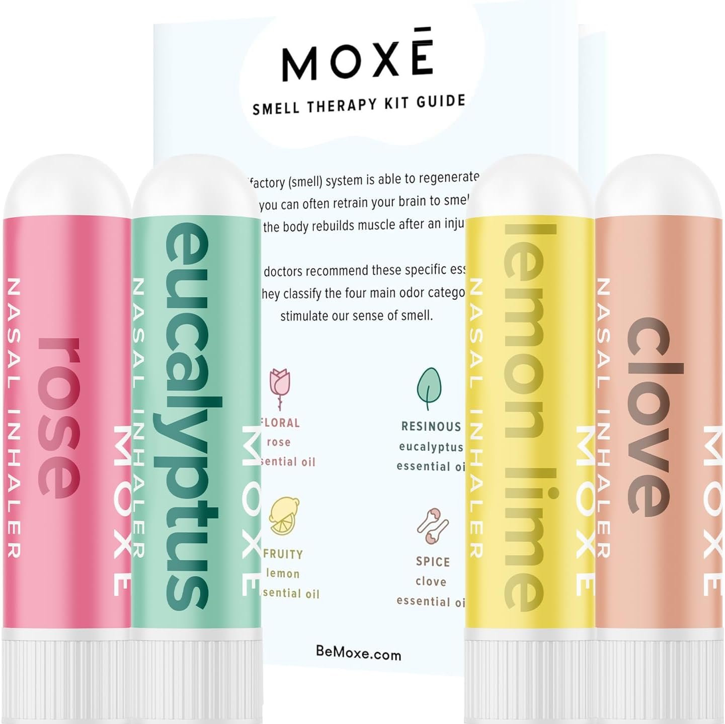MOXĒ Smell Training Kit Phase 1, Olfactory Support, 4 Essential Oil Sticks | Helps Restore Sense of Scent, Natural Therapy for Anosmia, Lemon, Rose, Clove, Eucalyptus, With Guidebook and Personal Log