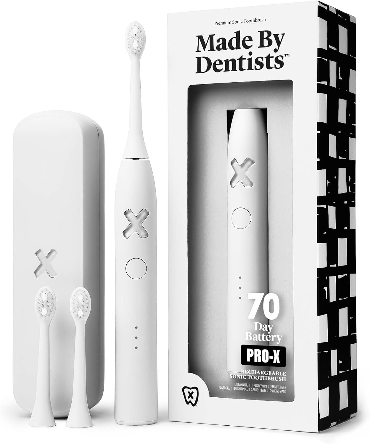 Made by Dentists PRO‑X Sonic Electric Toothbrush for Adults – 70‑Day Battery on One Charge, Dentist‑Designed Whitening Rechargeable Toothbrush, 3 Brush Heads & Travel Case, 3 Modes, White