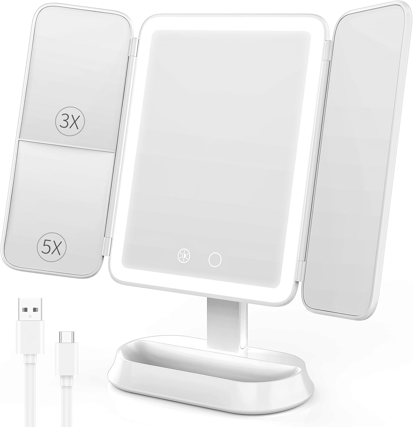 Makeup Mirror with Lights, 1X/3X/5X Magnification Vanity Mirror, 3 Colors Dimmable Soft Light 360° Rotation Smart Touch | Rechargeable Portable Trifold Mirror for Travel/Dorm/Room, Gift for Women