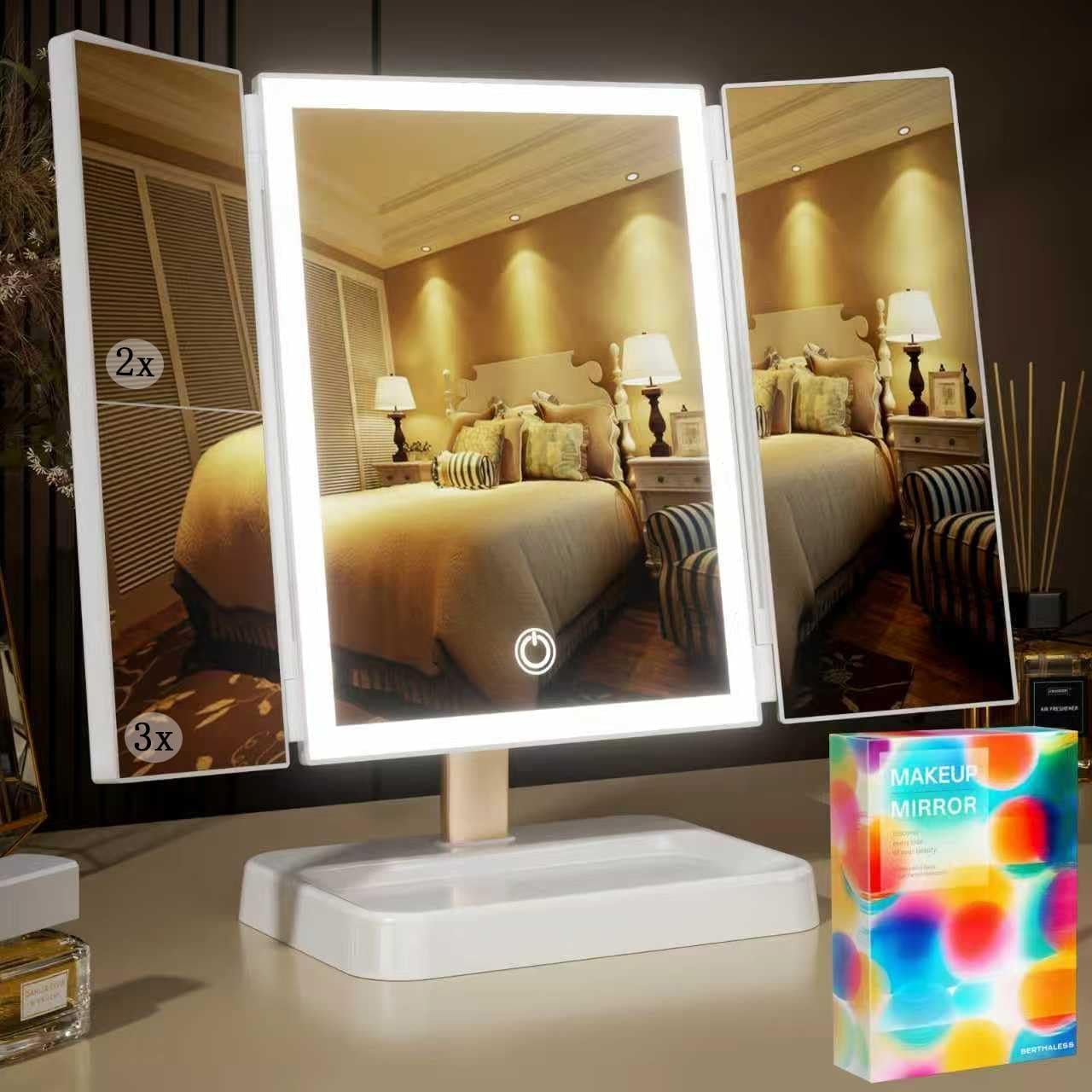 BERTHALESS for Mom Makeup Mirror Vanity Mirror with Lights, 14.4″ L x 9.1″ W Rechargeable Lighted Mirror with 1X 2X 3X Magnification, 76 LEDs & 3 Color Modes, Gifts for Women, Dorm Room Essentials
