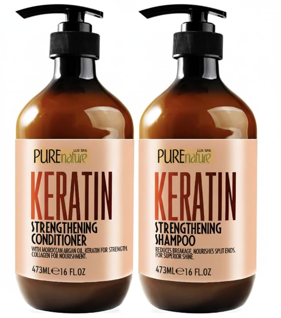 Keratin Shampoo and Conditioner Set – Sulfate and Paraben Free Treatment for Dry Hair – Anti Frizz, Collagen Enriched Formula for Curly or Damaged Hair – Safe for Men and Women with Color Treated Hair