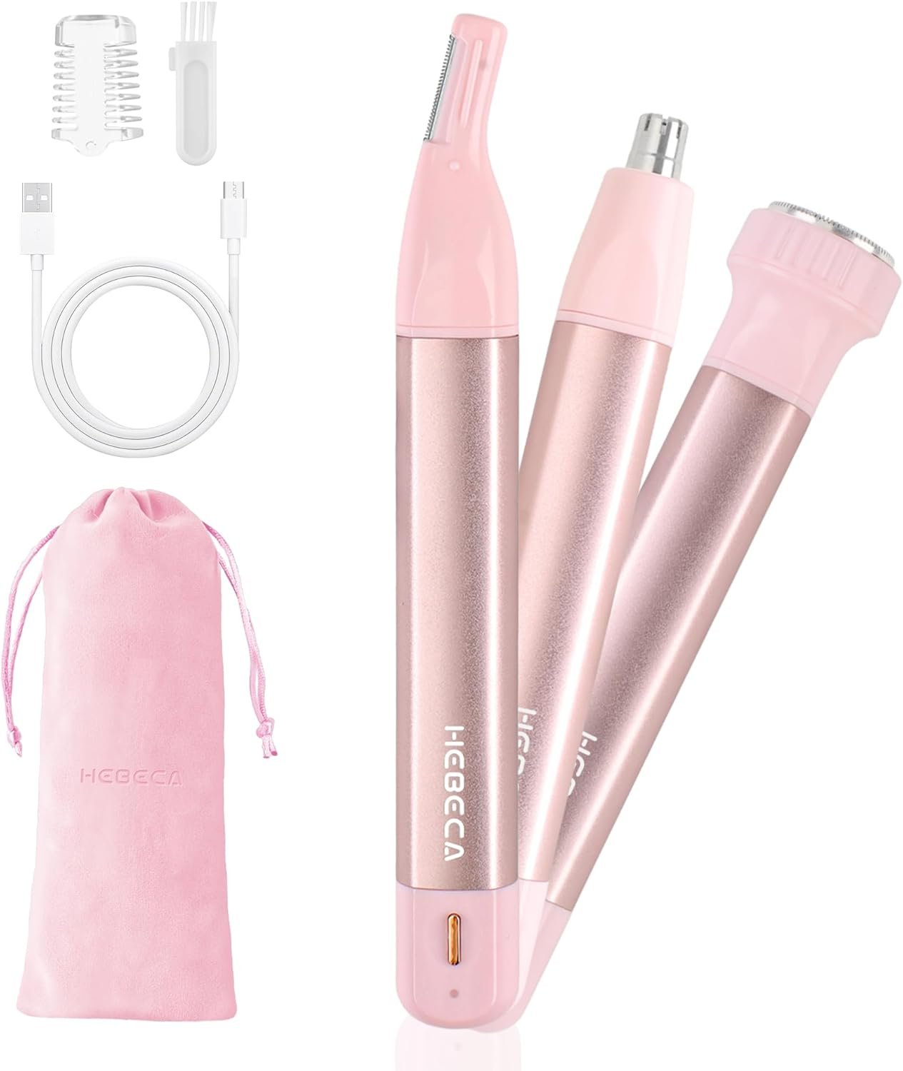 HEBECA Nose Hair Trimmer for Women 3in1 Facial Hair Removal Trimmers- Rechargeable, Waterproof, Portable with Travel Bag- Trims Nose, Ear, Eyebrow, Peach-Fuzz, Lips, Chin Face Hair Remover (Pink)