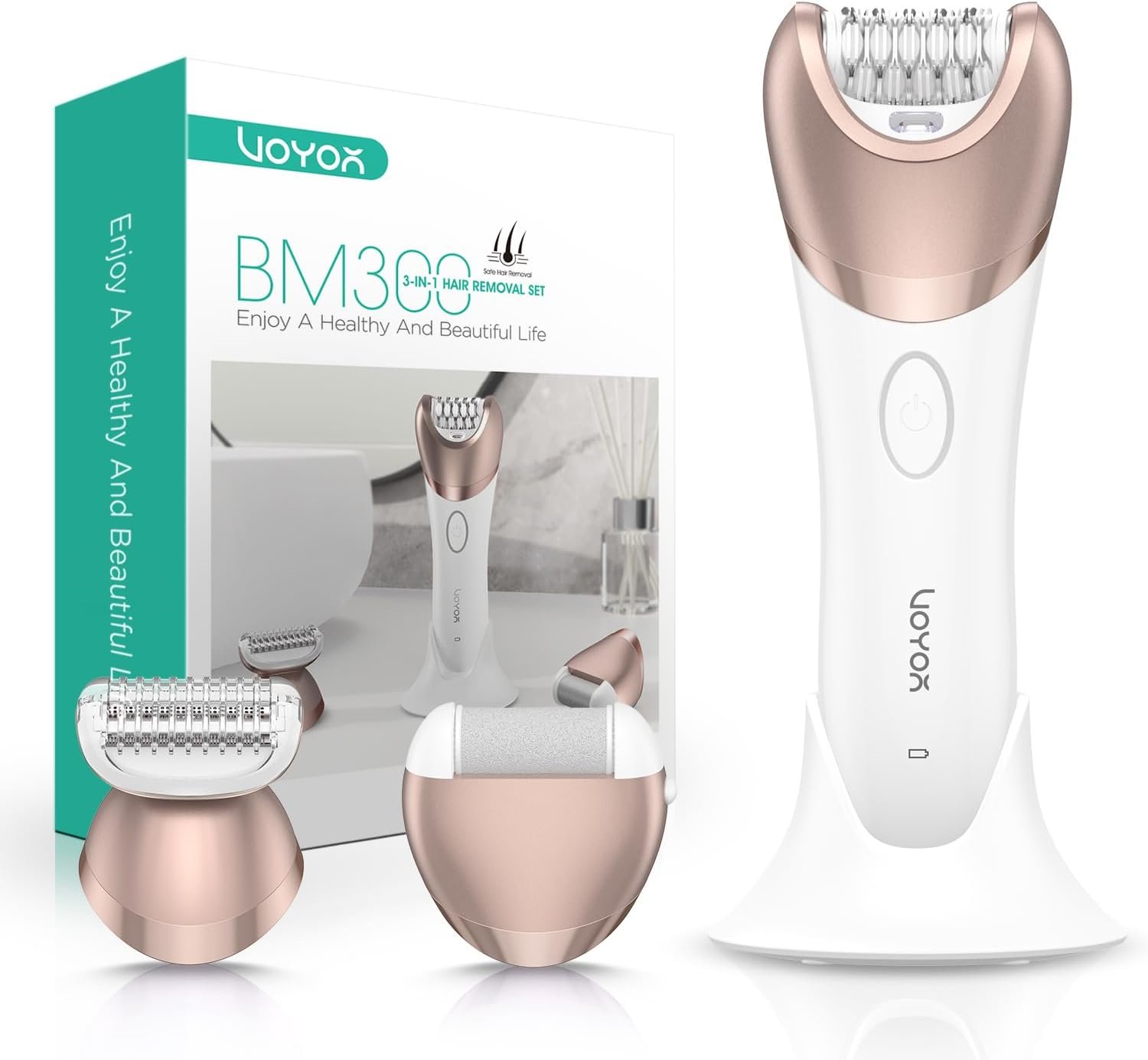 VOYOR Epilator for Women, 3 in 1 Epilators Hair Removal for Leg Arm BM300 | LED Light Epilators Hair Remover with 30 Tweezers, Rechargeable & Cordless Electric Lady Shaver & Trimmer, Champagne Gold