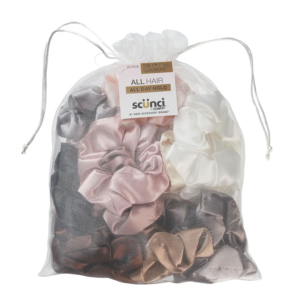 Scunci by Conair The Original Scrunchie Hair Ties, 20 Count Hair Scrunchies for Women, Super- Comfy Nylon Silk Ponytail Holders, Everyday Accessories for Sports and Working Out, Assorted Colors