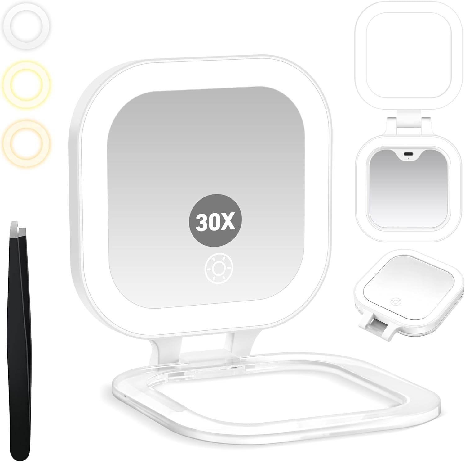 Travel Mirror with Light, Compact Mirrors, 1x/30x Magnifying Mirror with 3 Color Lights and Adjustable Brightness, 4.5×3.9 inch Small Compact Hangable Hand Pocket Mirrors, Comes with Tweezer