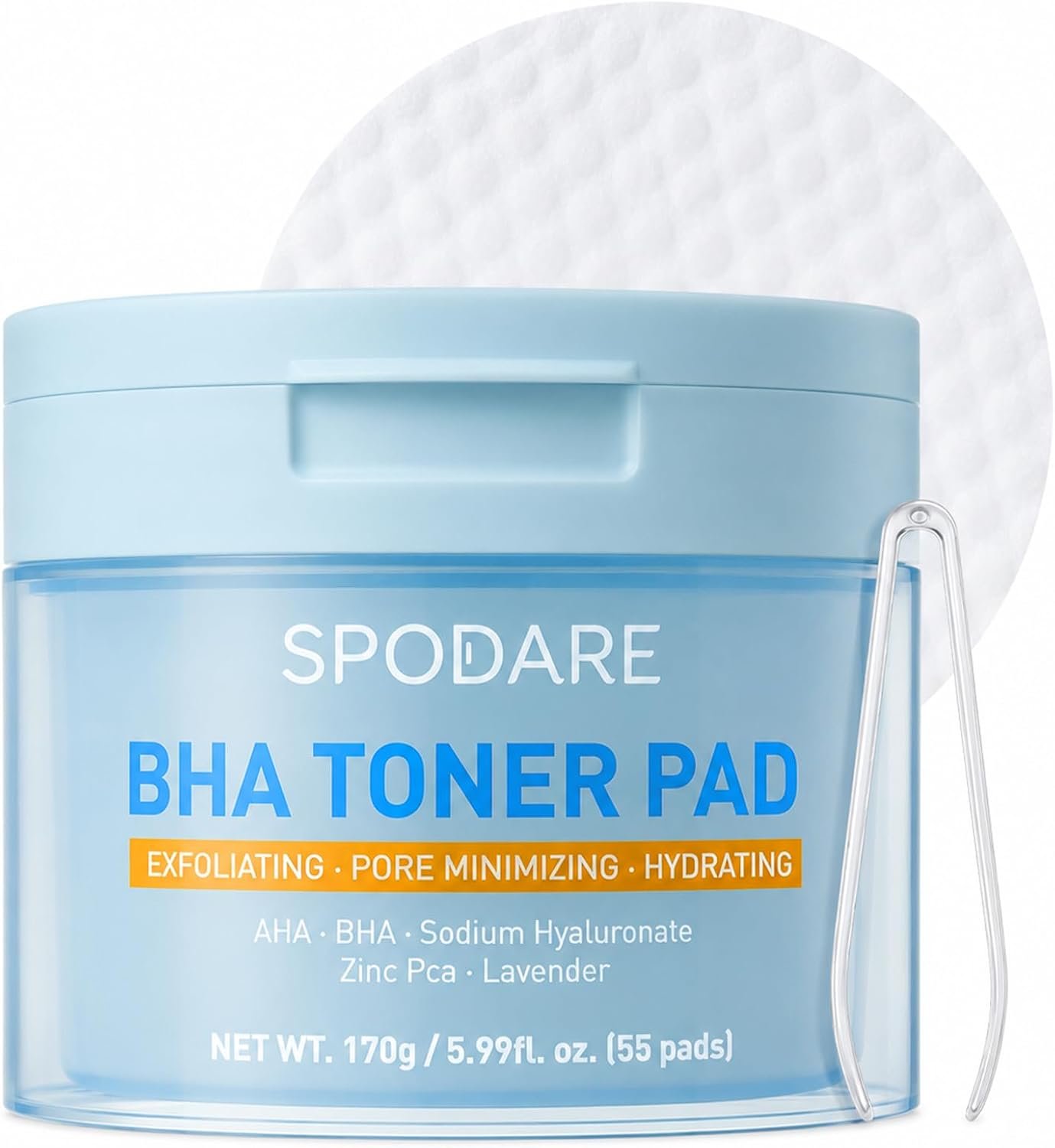 SPODARE BHA Toner Pads with 0.5% Salicylic Acid, 55 Pads | Lavender Extract, Dual Textured Exfoliating Facial Pads for Pore Care, Excess Oil, Rough Texture, Wet Compress Mask