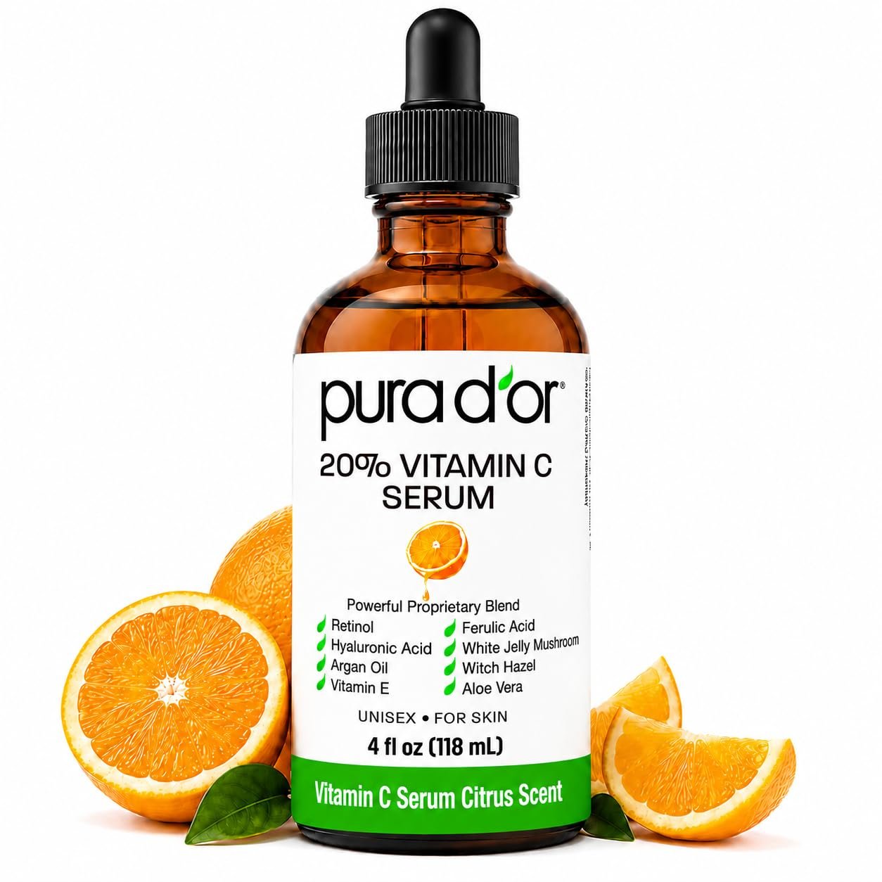 PURA D’OR 20% Vitamin C Serum for Face, Retinol, Hyaluronic Acid, 4oz