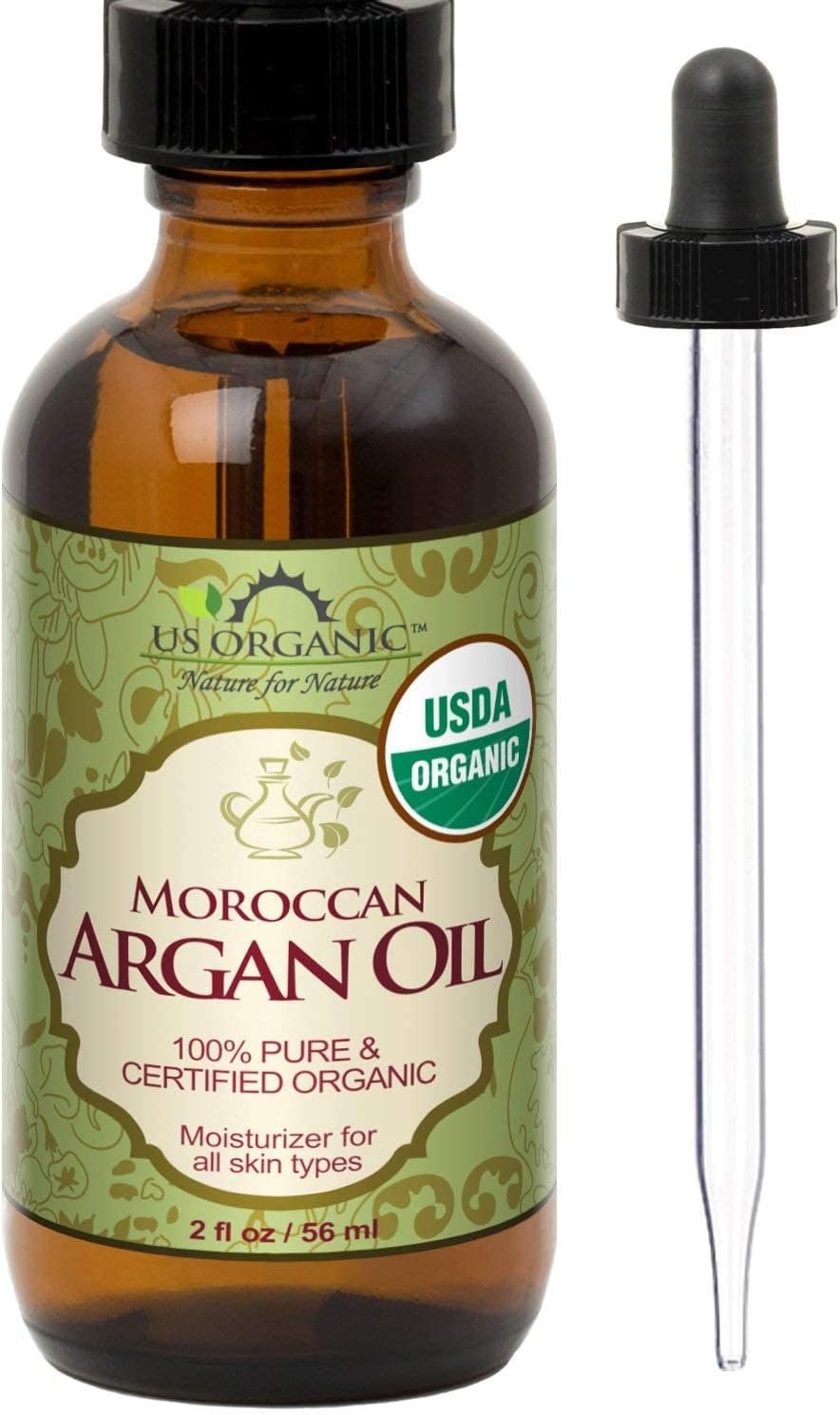 US Organic Moroccan Argan Oil, USDA Certified Organic,100% Pure & Natural, Cold Pressed Virgin, Unrefined, 2 Oz in Amber Glass Bottle, for Hair treatment, Skin, Nail, Cuticle, Sourced from Morocco.