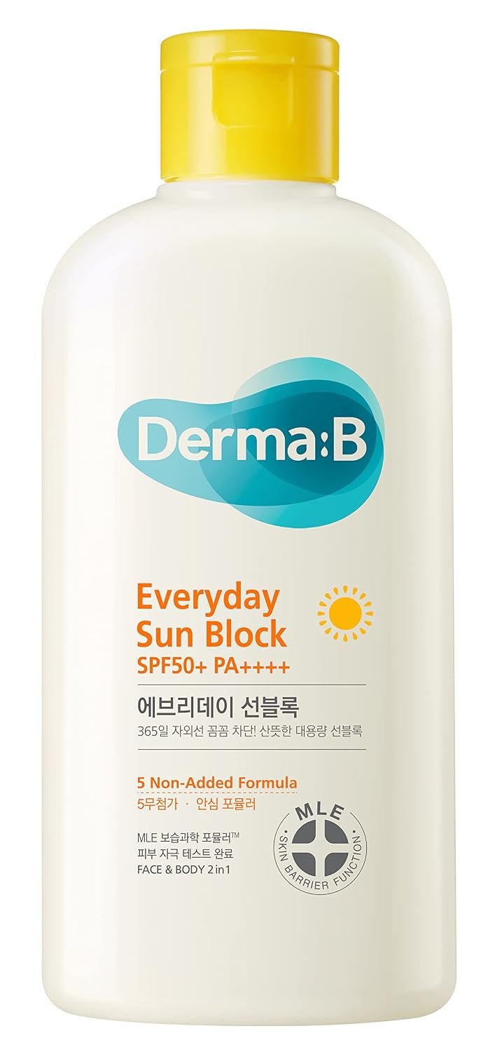 Derma B Everyday Sun Block Large Size Sunscreen SPF50+ PA++++ 6.71 Fl Oz, 200ml Fast-Absorbing Lightweight SPF Moisturizer, Facial Body Non-Sticky for Dewy Skin, Korean Protection Lotion | Korean Face Sunscreen | Lightweight Hydrating Formula | No White Cast Broad Spectrum Sunblock | SPF50 PA++++ Broad Spectrum