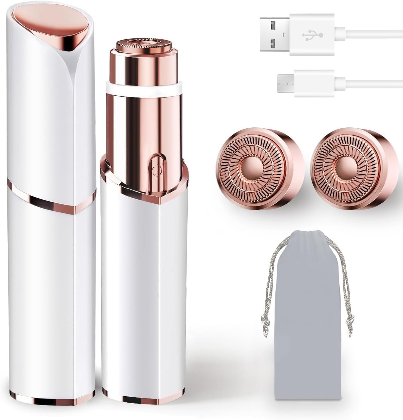 Facial Hair Remover for Women, Rechargeable, 2 Replacement Heads | LED face shaver for upper lip, chin, cheeks, and peach fuzz; compact USB charging design for home and travel