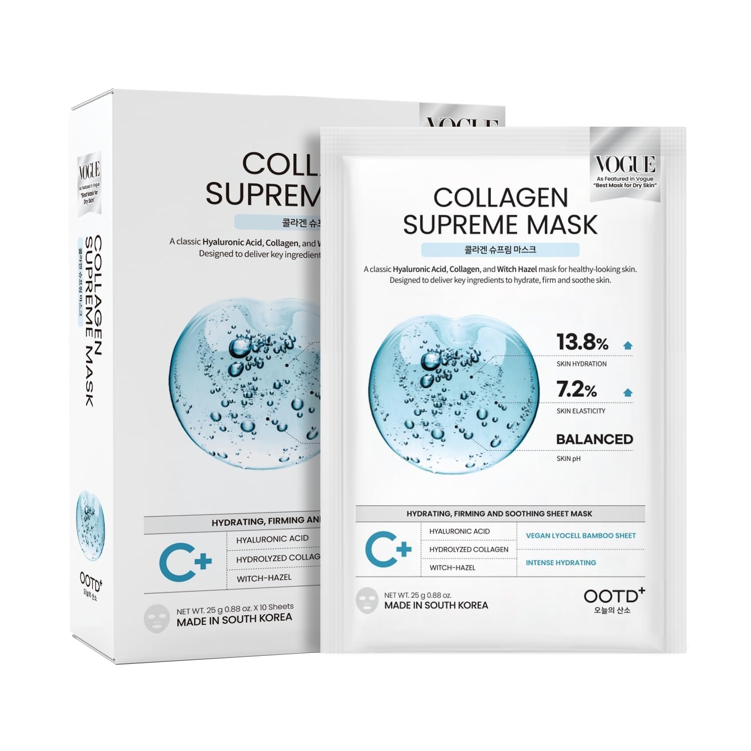 #OOTD Collagen Supreme Mask, Korean Hyaluronic Acid Face Mask,10-Pack | Korean sheet mask with collagen, hyaluronic acid, witch hazel to firm, plump, hydrate and soothe dry, sensitive skin, Vagan