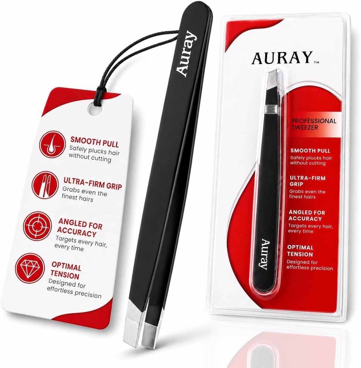 Eyebrow Tweezers Stainless Steel Facial Hair Removal Tweezers for Men & Women in Black with Slanted Tip for Easy Plucking by AURAY