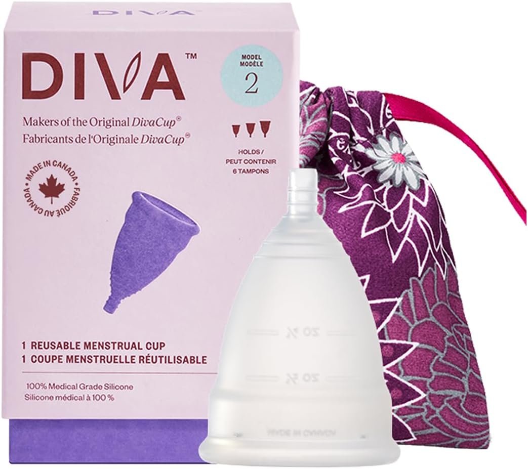 DIVA Cup Model 2 & Pouch – Medical Grade Silicone Cup for Period Care – Reusable Menstrual Cup – Up to 12 Hours of Wear – Model 2 (For Wide Vaginal Canals, Post-Partum & Ages 35+) Plus Retro DivaPouch