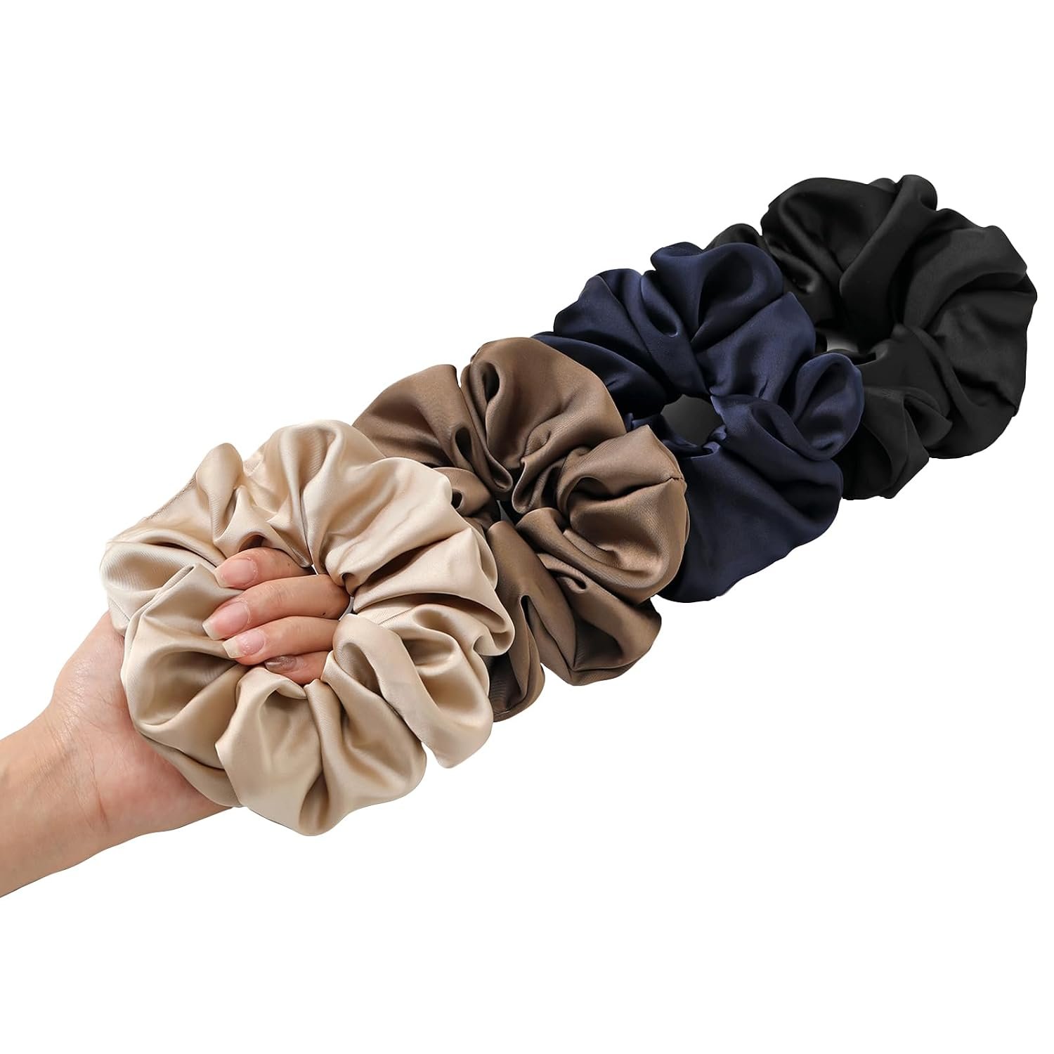 4 PCS Large Satin Silk Scrunchies for Women Big Hair Scrunchies Thick Hair | Black Navy Brown Champagne / Stretched 10″ Length / No Damage / Gift Box /Diameter: 5 inches / All Hairstyles