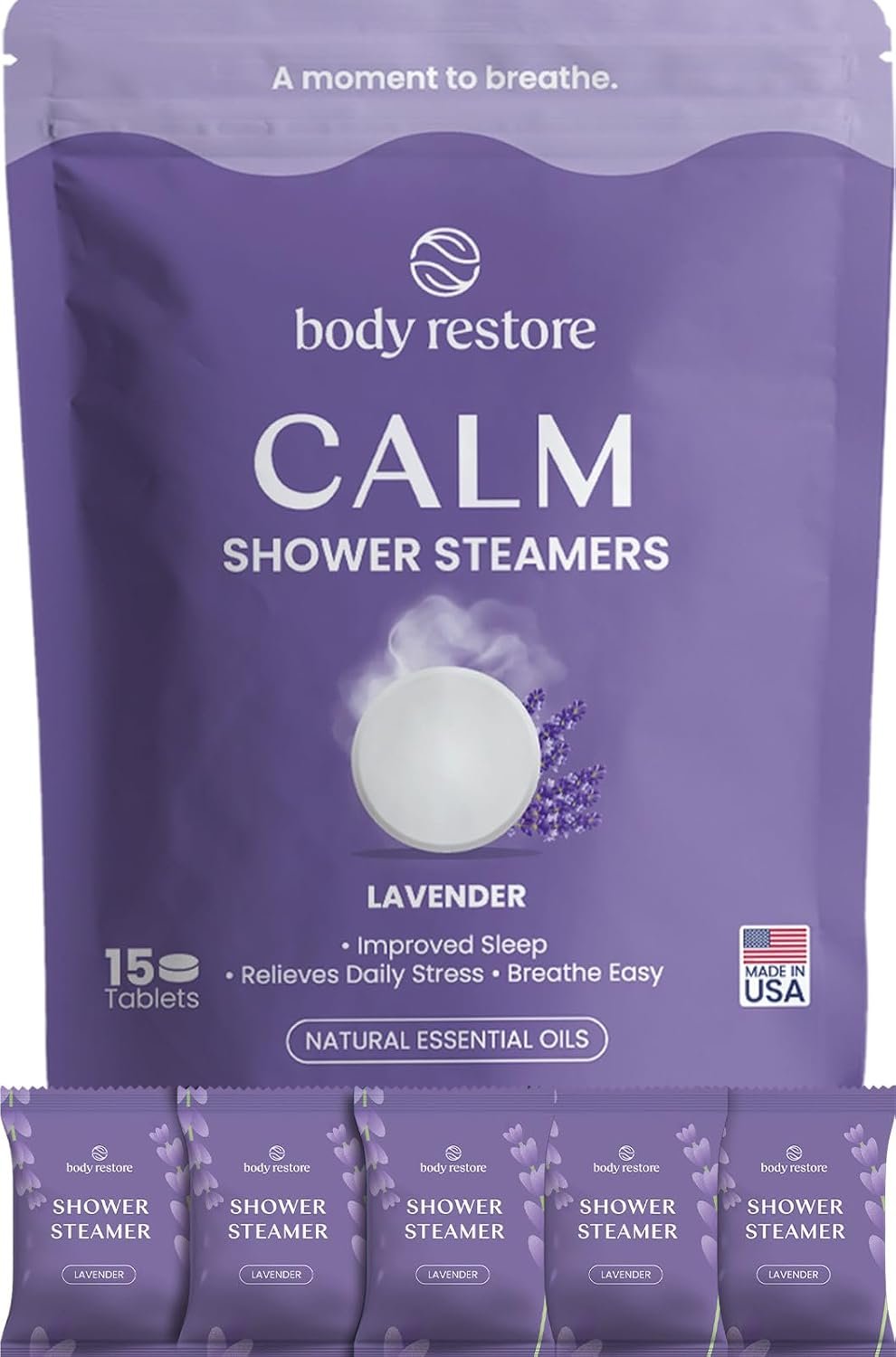 BodyRestore Shower Steamers Aromatherapy, Self Care Gifts, Calm 15 Pack | Birthday Gifts for Women & Men, Spa Relaxation & Stress Relief Sleep Care, Lavender Essential Oil Tablets