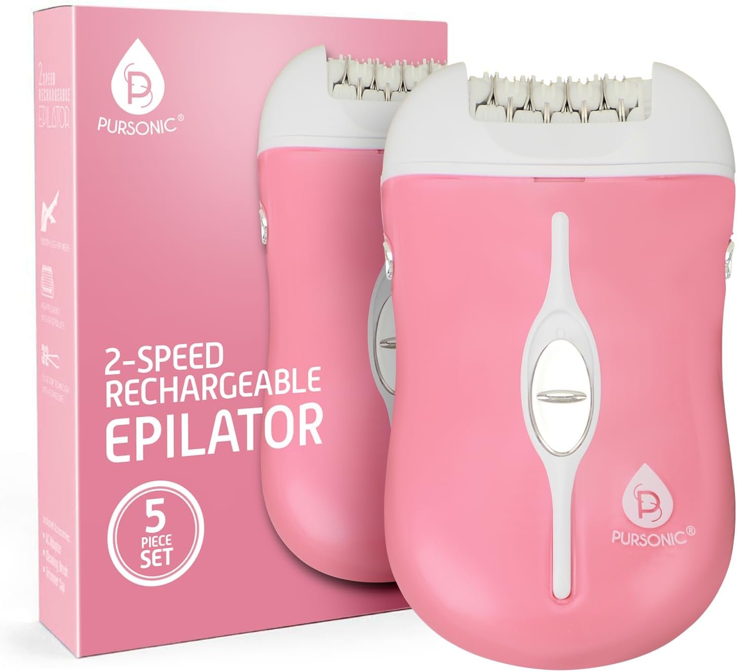 Pursonic Fe120P Cordless Epilator with 40 Tweezers – Rechargeable 2 Speed Epilators Hair Removal for Women – Compact Hair Removal Device for Arms, Legs, Underarms & Bikini Area (Pink)