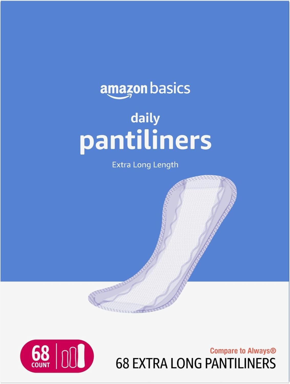 Amazon Basics Daily Pantiliner, Extra Long Length, Thin Feminine Pads for Women, Unscented, Leak Protection, Daily Use, 68 Count (Previously Solimo)