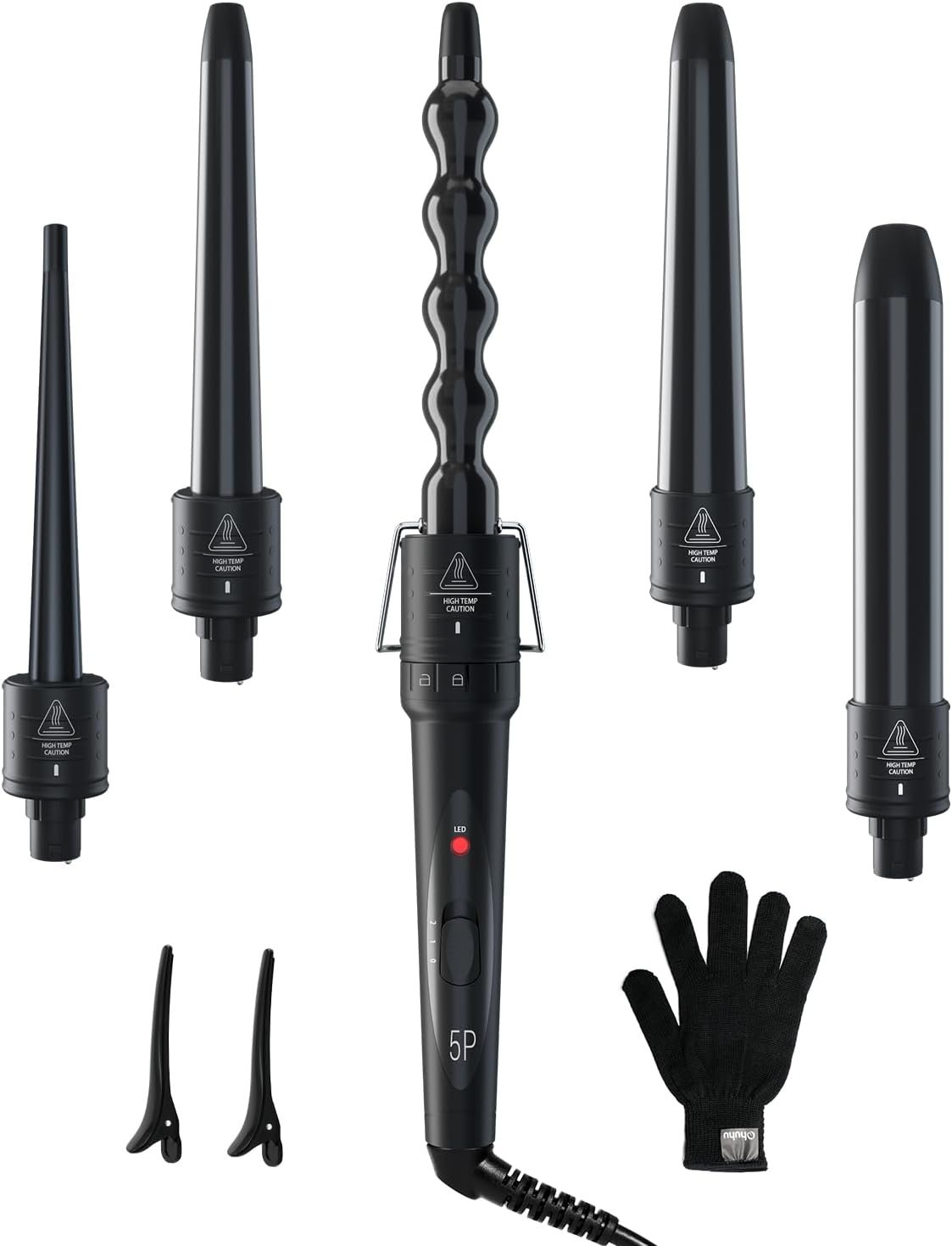 Ohuhu 5 in 1 Curling Wand Set, 0.35″-1.25″ Interchangeable Ceramic Barrels | Dual voltage, heats in 30 second, 356-410°F adjustable, travel-friendly, lightweight, 2 clips & heat glove, Gift for women