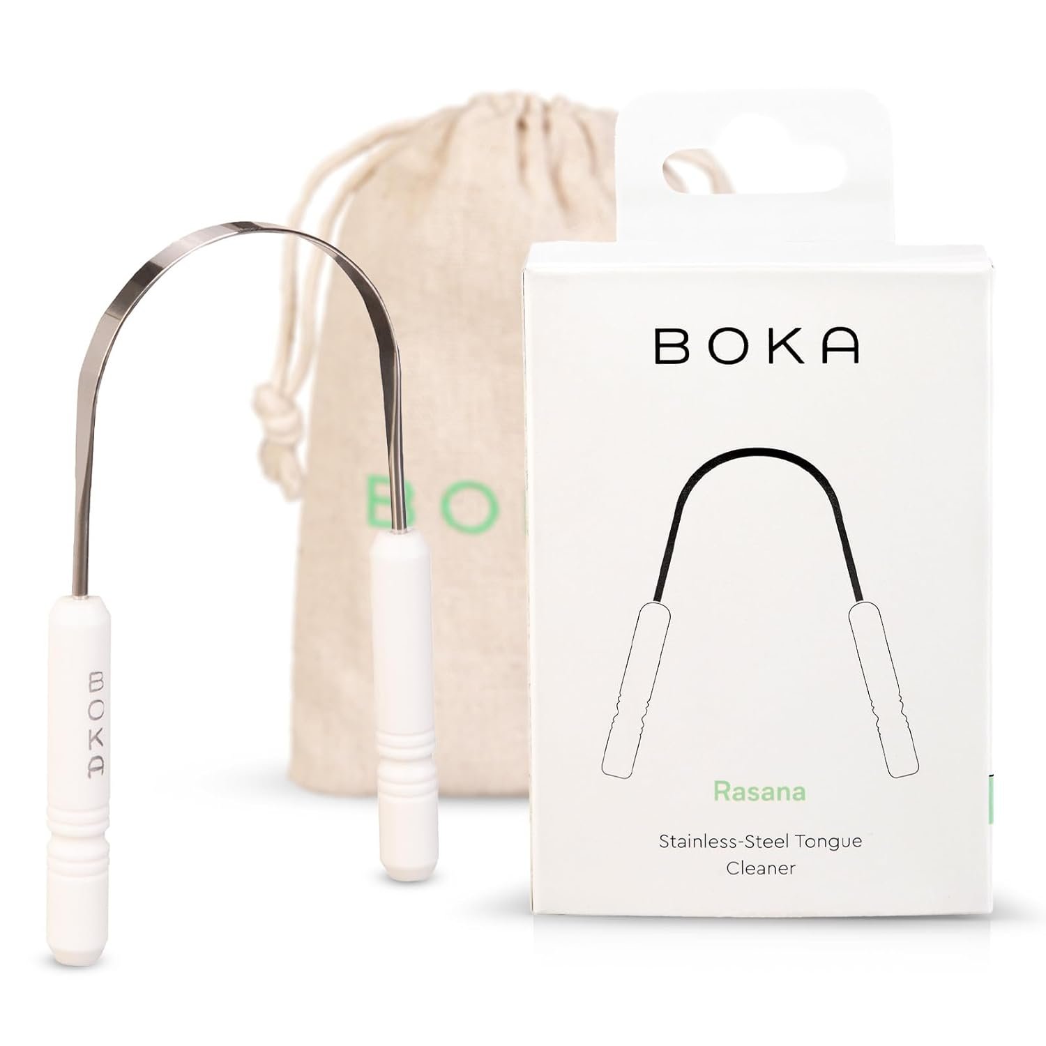Boka Stainless Steel Tongue Scraper with Travel Pouch 1Pack | Removes tongue buildup and freshens breath, includes linen travel pouch and case, safe for adults and kids.