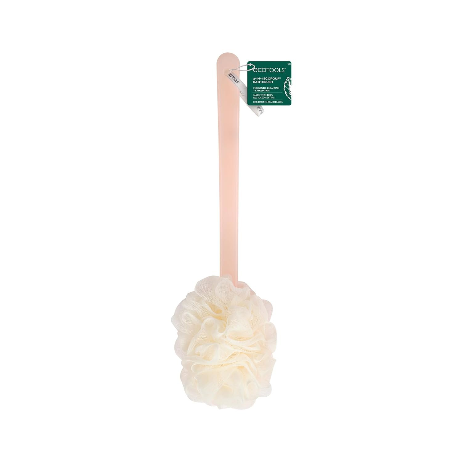EcoTools 2-in-1 EcoPouf Bath Brush, Loofah Brush for Shower, 1 Count | Reach your back easily with a long handle bath brush, dual-textured shower pouf with recycled netting