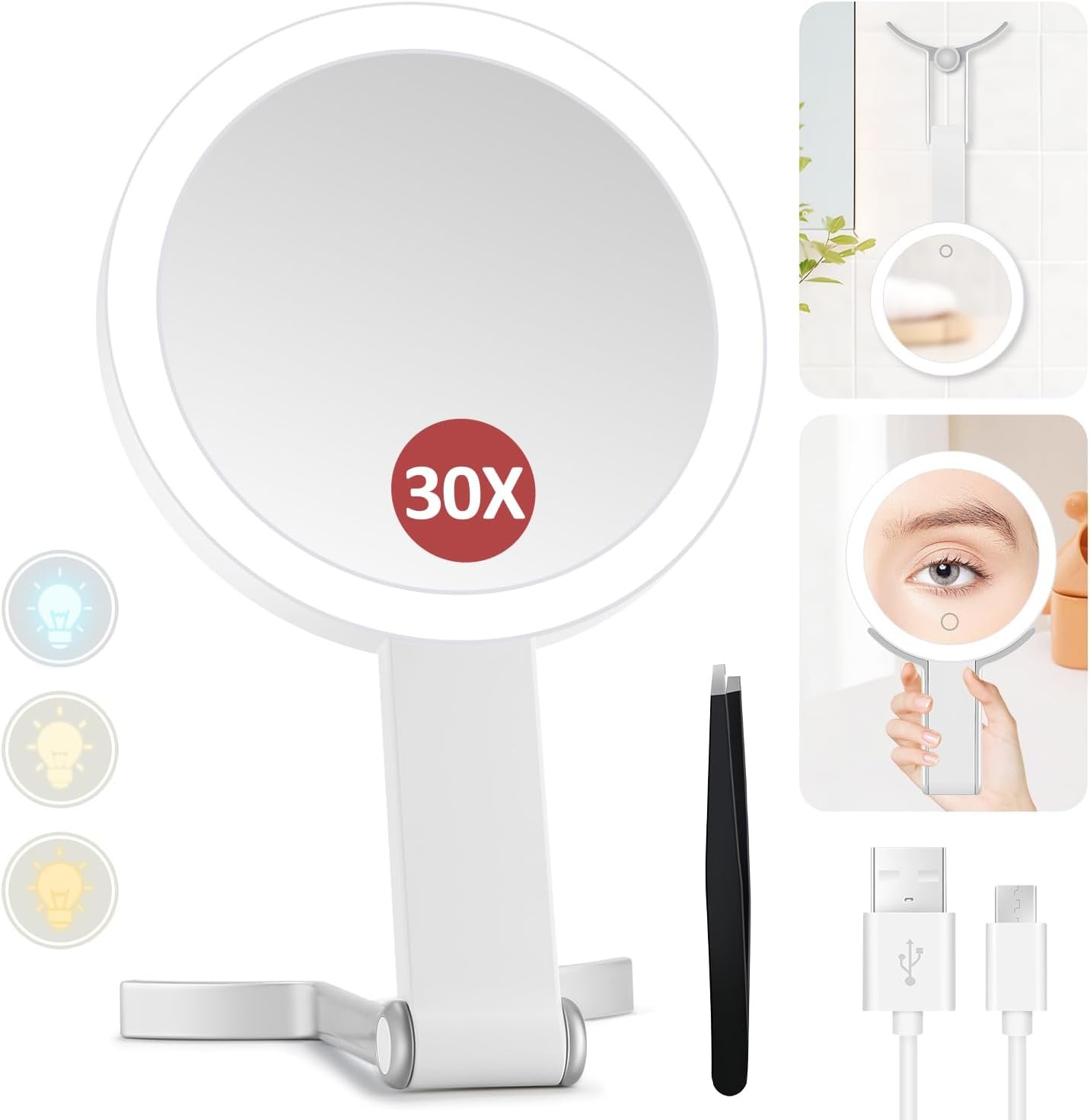 MIYADIVA 30X Magnifying Makeup Mirror with Light, Double-Sided 1X/30X Travel Makeup Mirror, 56 LED Lights, 3 Color Modes, Dimmable, USB-C Rechargeable, Portable Foldable Vanity Mirror for Women