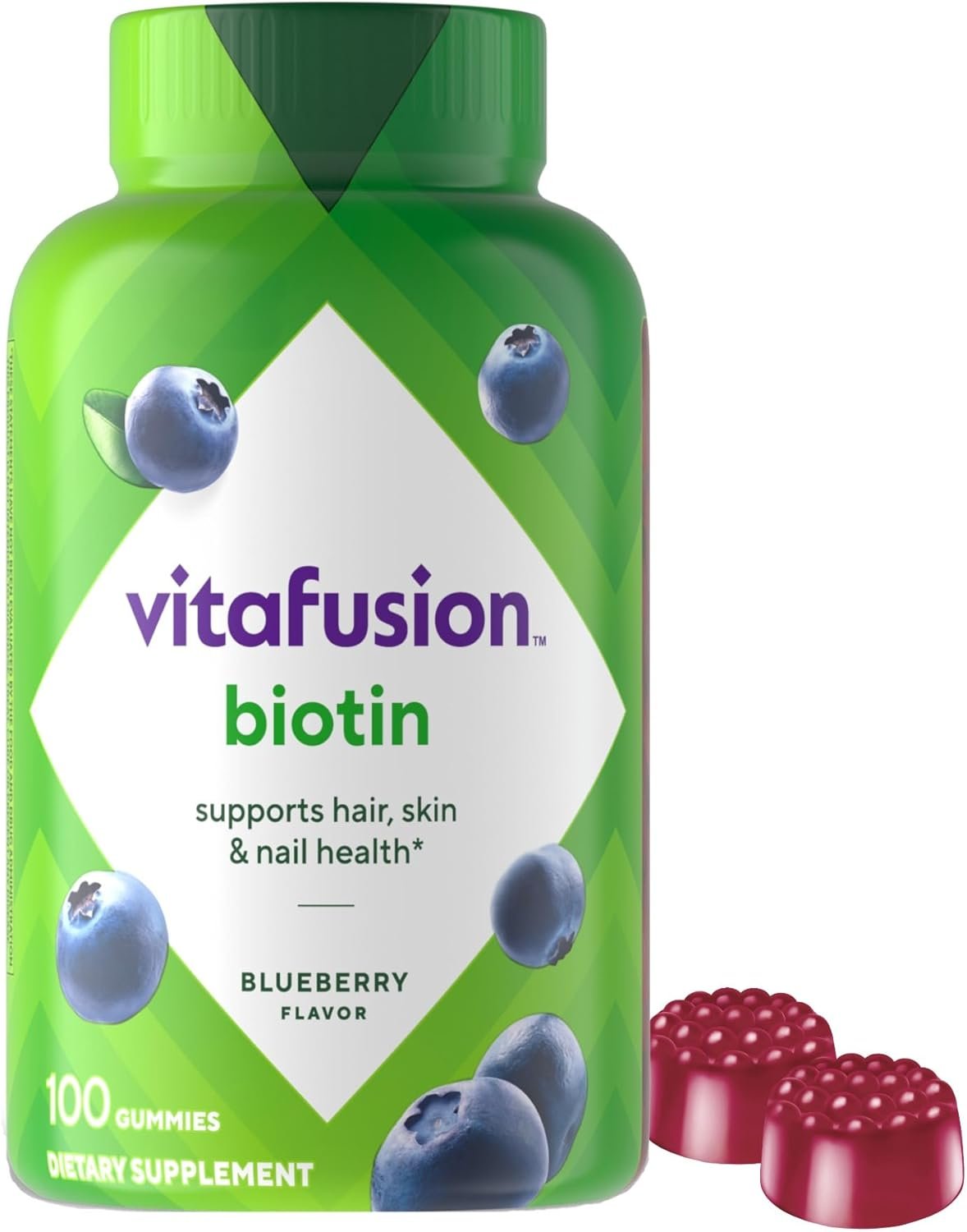 vitafusion Extra Strength Biotin Gummy Vitamins, Berry Flavored, 5,000 mcg Biotin Vitamins, America’s Number 1 Gummy Vitamin Brand, 50 Day Supply, 100 Count (packaging may vary) | for Women & Men | Hair Skin and Nails Supplement | Blueberry Flavor | Gluten-Free Formula