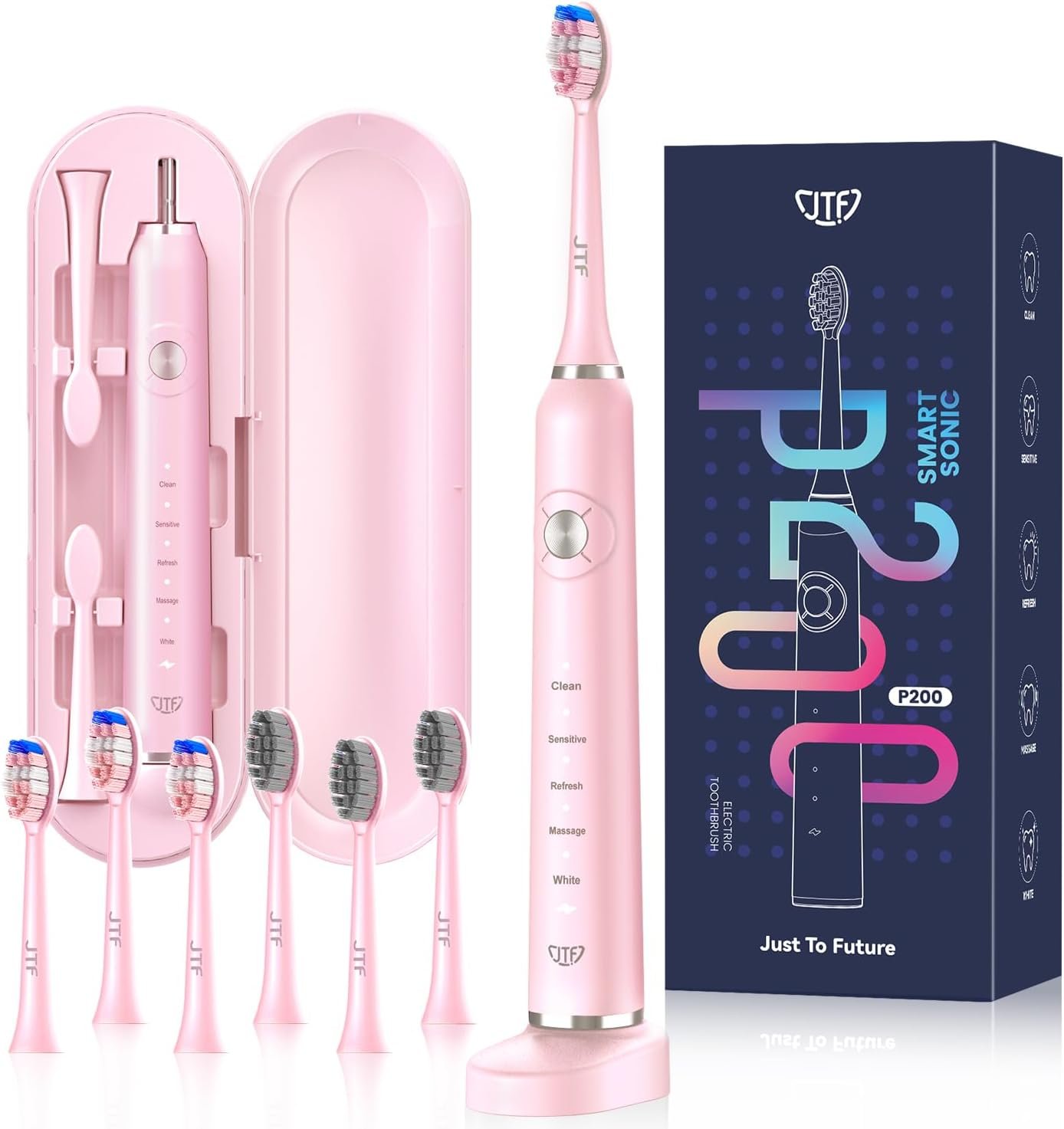 JTF Sonic Electric Toothbrush for Adults: 5 Modes with Smart Timer for Deep Cleaning & Whitening, 2 Brush Head Types for Sensitive Teeth, Gums & Braces, Travel-Friendly Case and Wireless Charging Base