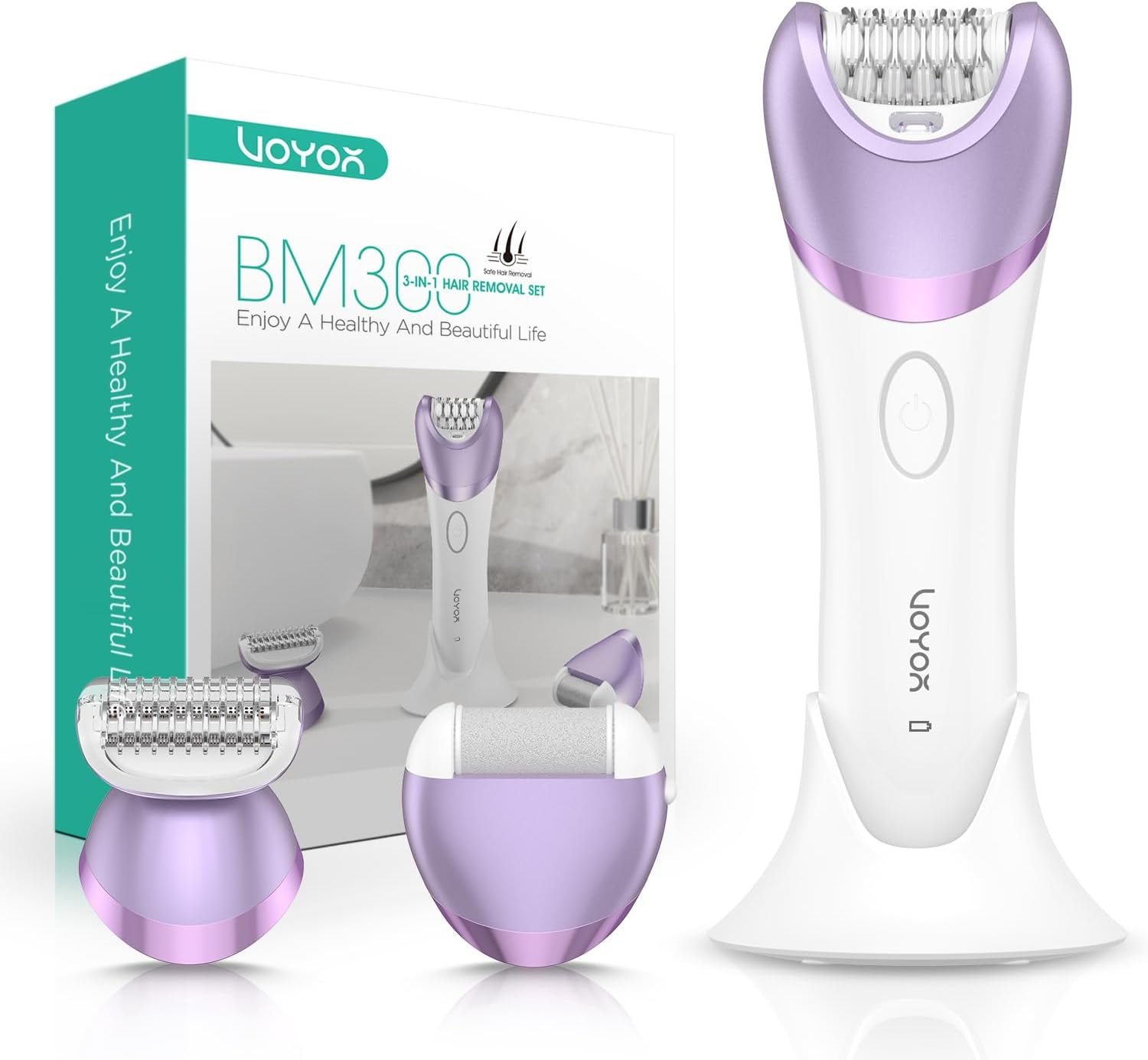 VOYOR Epilator for Women, Cordless Epilators Hair Removal with 30 Tweezers | 3 in 1 Hair Removal Device for Leg Arm with LED Light, Rechargeable Wet & Dry, Electric Lady Shaver & Trimmer, Purple BM300