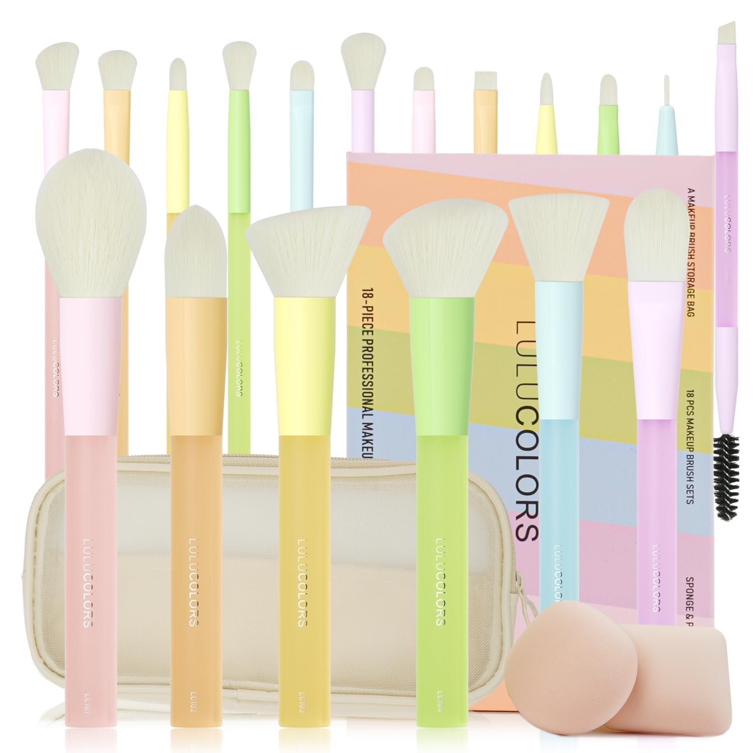 18-Pcs Makeup Brush Set for Beginners – Travel-Friendly with Soft Arthritis-Friendly Handles & Non-Shedding Bristles | Includes Storage Bag, Eyeshadow Brushes & Sponges (Multi-Color)