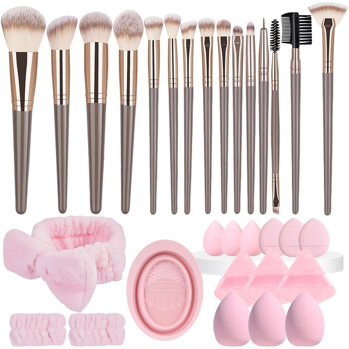 31 Pcs Makeup Brushes Set with Makeup Sponges and Triangle Powder Puffs, Premium Synthetic Foundation Blending Blush Eyeshadow Brushes with Spa Headband, Wristbands & Brush Cleaning Bowl