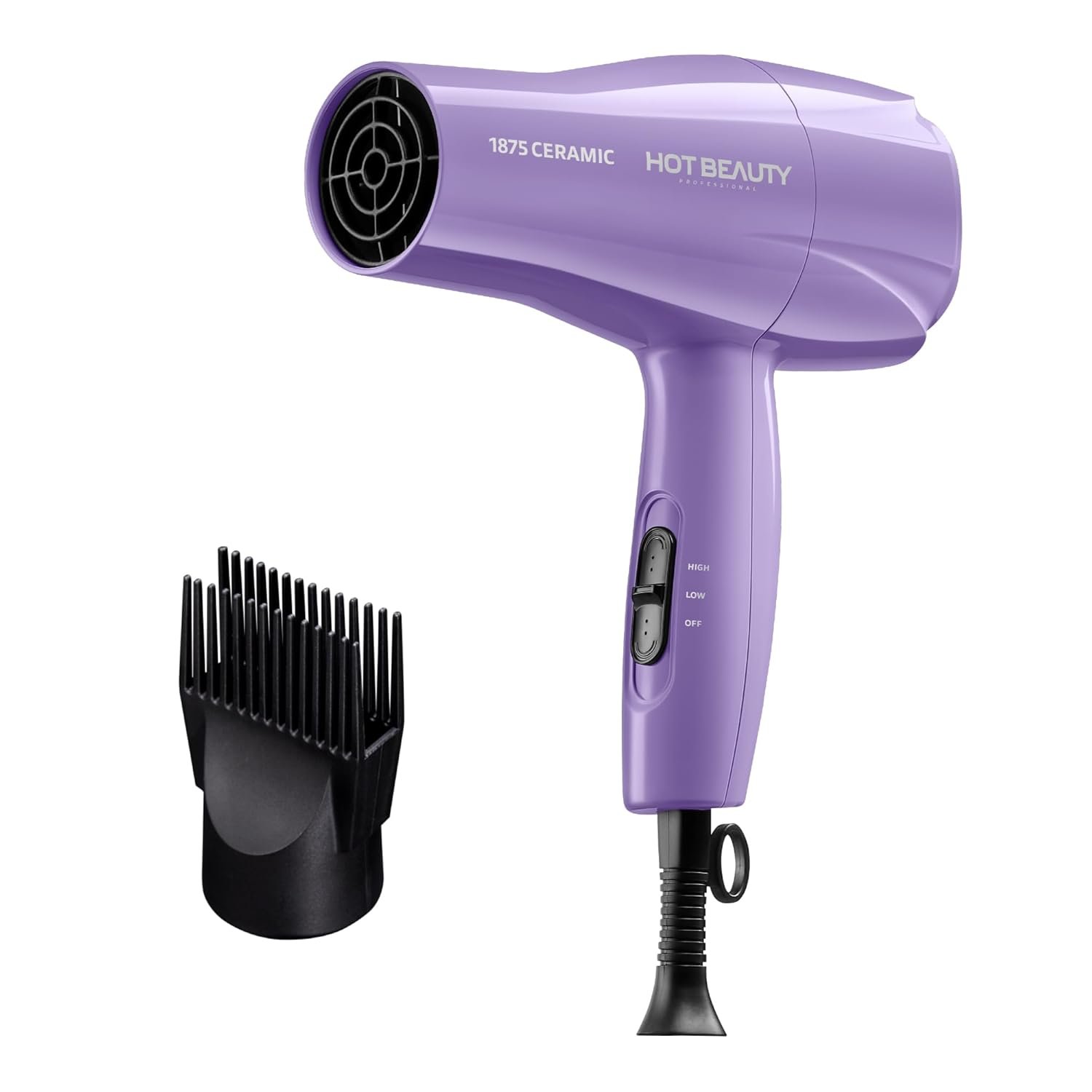 Hot Beauty 1875 Ceramic Hair Dryer, Powerful Fast Drying, Multi-Setting with Comb Attachment, Additional Detangler Included, Slide Bar Switch, Compact for Home & Travel (Purple)