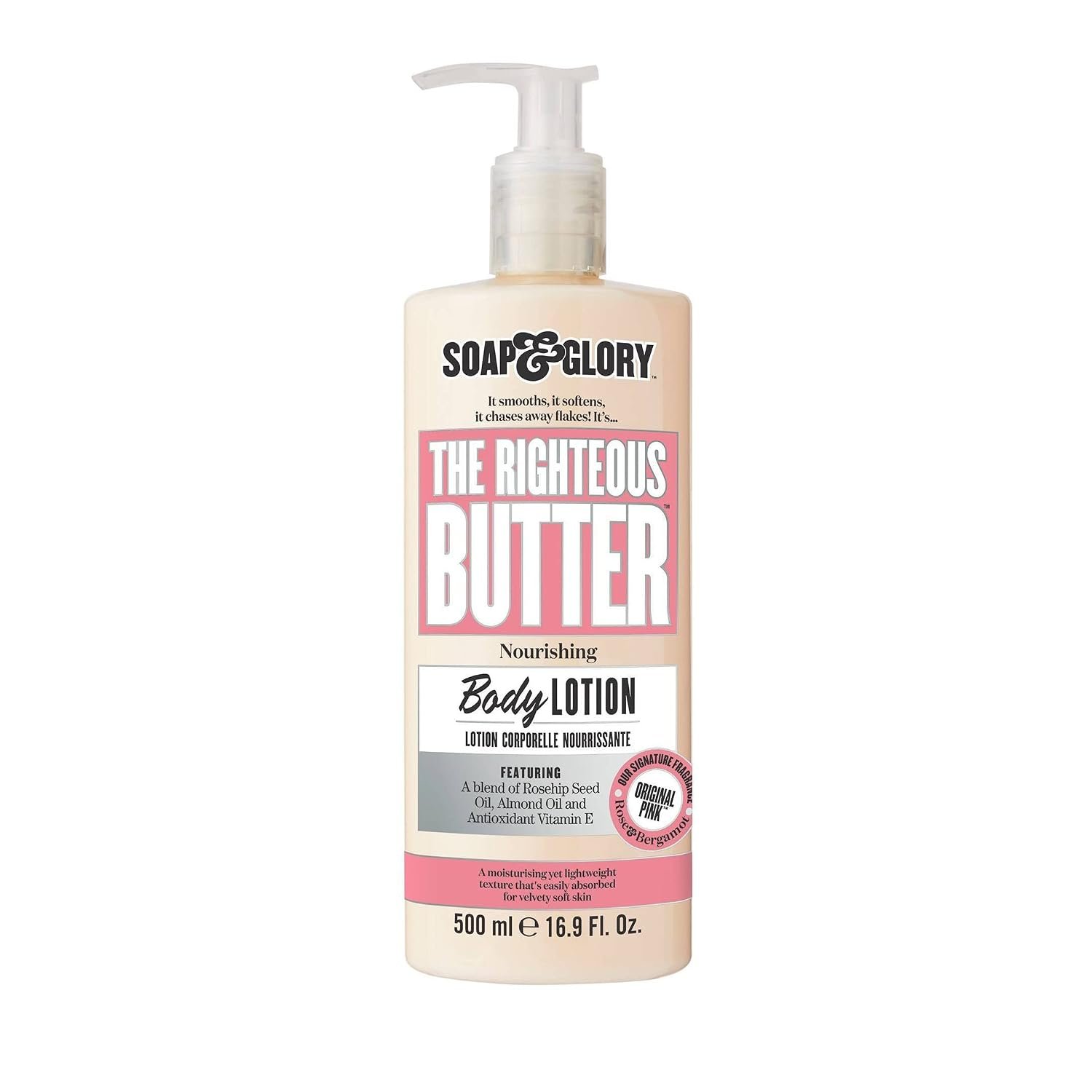 Soap & Glory Original Pink Moisturizing Body Lotion Pump, 16.9 oz | Lightweight Body Cream for Dry Skin, Hydrates & Softens with Shea Butter, Vitamin E & Aloe Vera, Rose & Bergamot Scent
