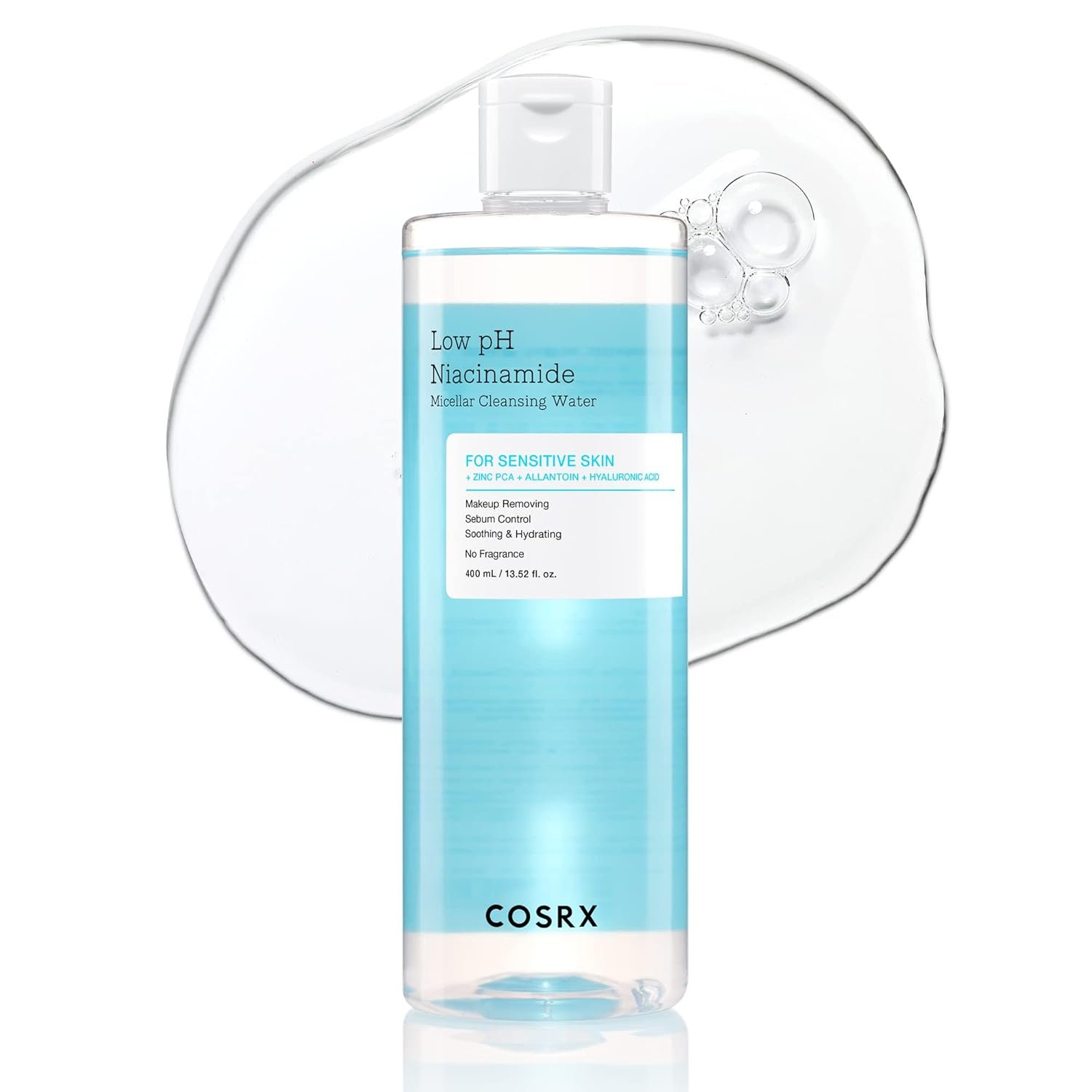 COSRX Low pH Niacinamide Cleansing Water for Sensitive Skin, 13.52 fl.oz | Micellar Makeup Remover, Daily Mild Facial Wash, Sebum Control, Pore Care, No-Rinse Formula, Korean Skin Care
