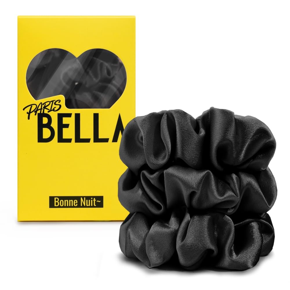 PARISBELLA Silky Satin Scrunchies For Women, Satin Hair Ties for Thick and Thin Hair, Classic Black, Pack of 3
