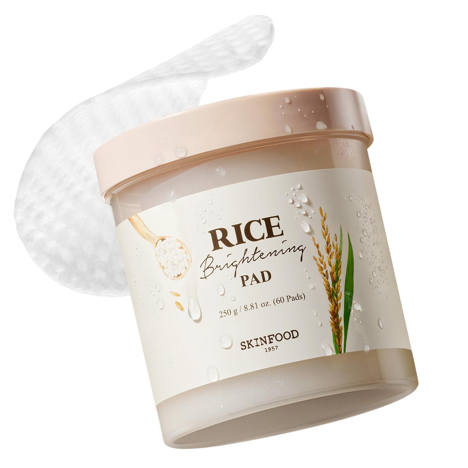 SKINFOOD Rice Brightening Toner Pad, Korean Skincare Face Toner Pads with 48 Hours Fermented Rice Water for Glow Glass Skin, Hydrating, 100% Cotton Pad, Vegan, 8.81 oz(60 Pads)