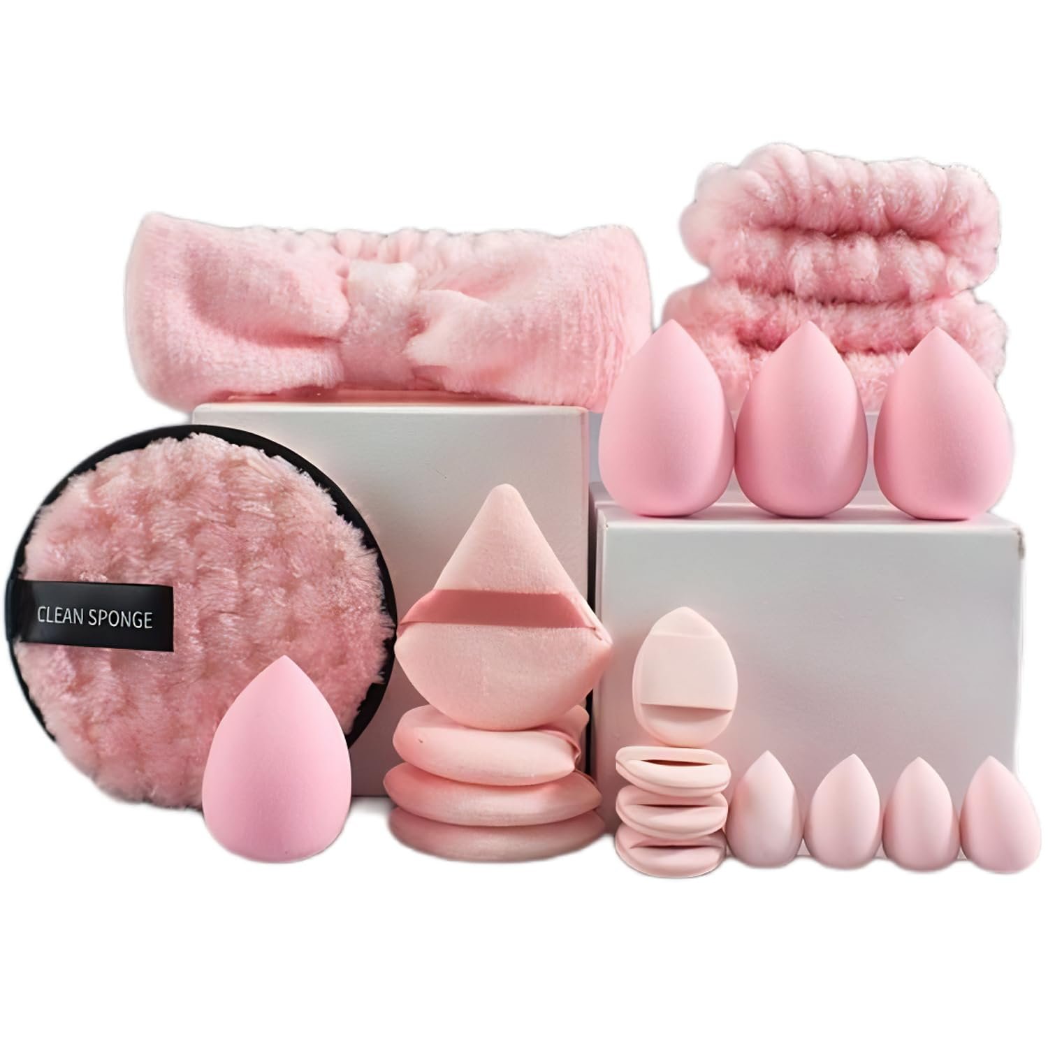 suniya Skincare Face Wash Spa Headband and Wristband Set Makeup Sponges Set Face Soft Triangle Makeup Puff Sponge Pieces Powder Puff Women and Teen Girl Gifts Trendy Stuff （Pink）