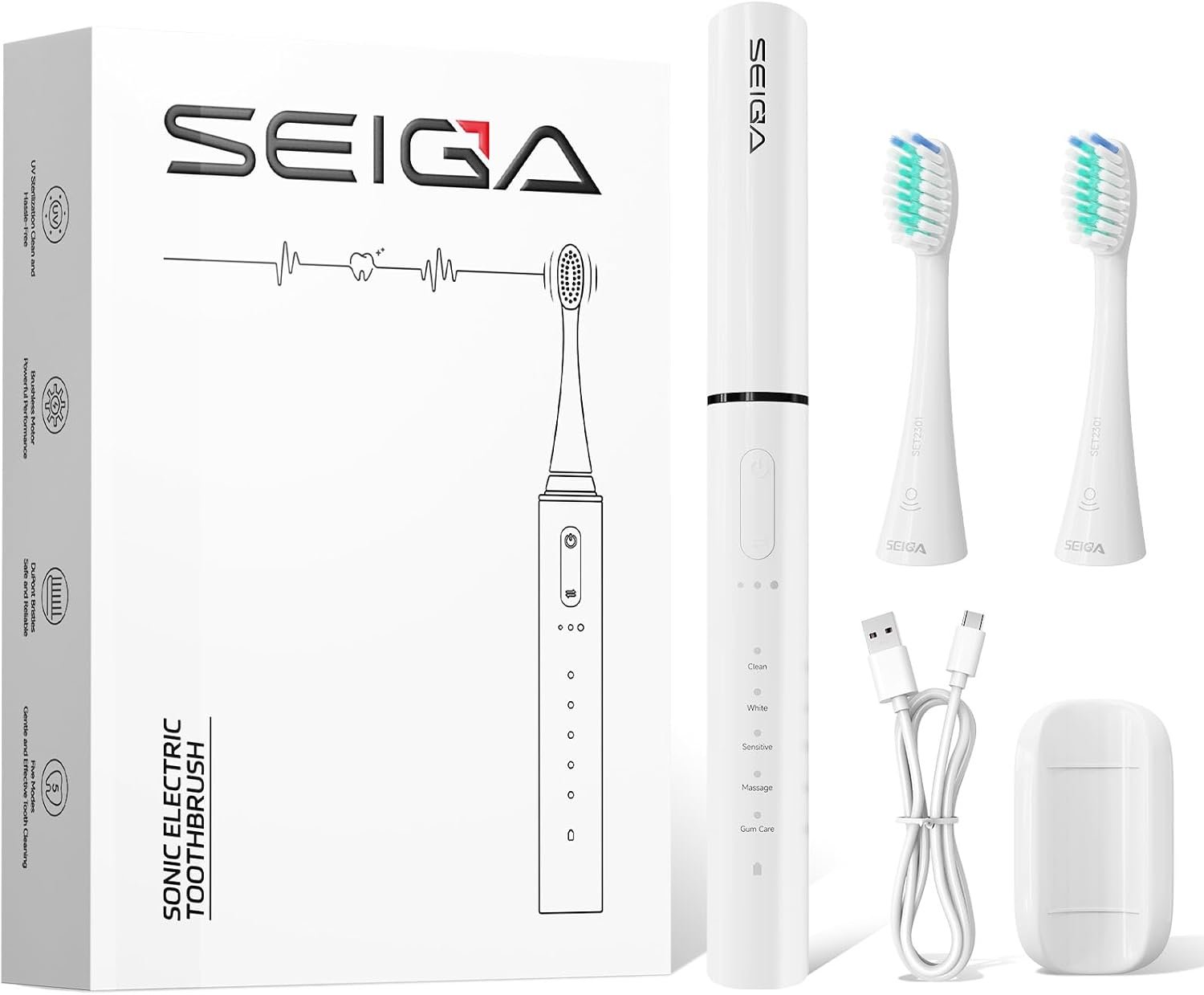 SEIGA Sonic Electric Toothbrush for Adults, Rechargeable Travel | Protective Cover,5 Modes &3 Intensities,60-Day Battery Life,Magnetic Wall Mount,Smart Timer,USB-C Charging,IPX7 Waterproof